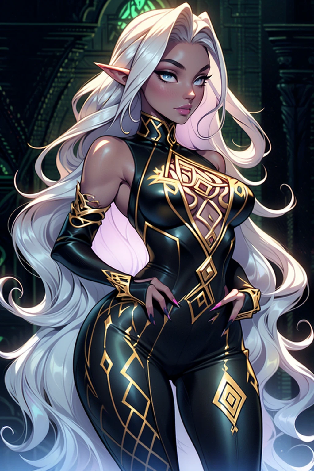 {-erro_de_anatomia:1.0} elf, she has very long hair, flowing white hair (waves) and pale, almost ethereal skin. Her eyes are a deep yellow, giving her an otherworldly appearance. She dresses in flowing robes of dark golden and green, often adorned with symbols of the occultism, sexy, dancing lightly