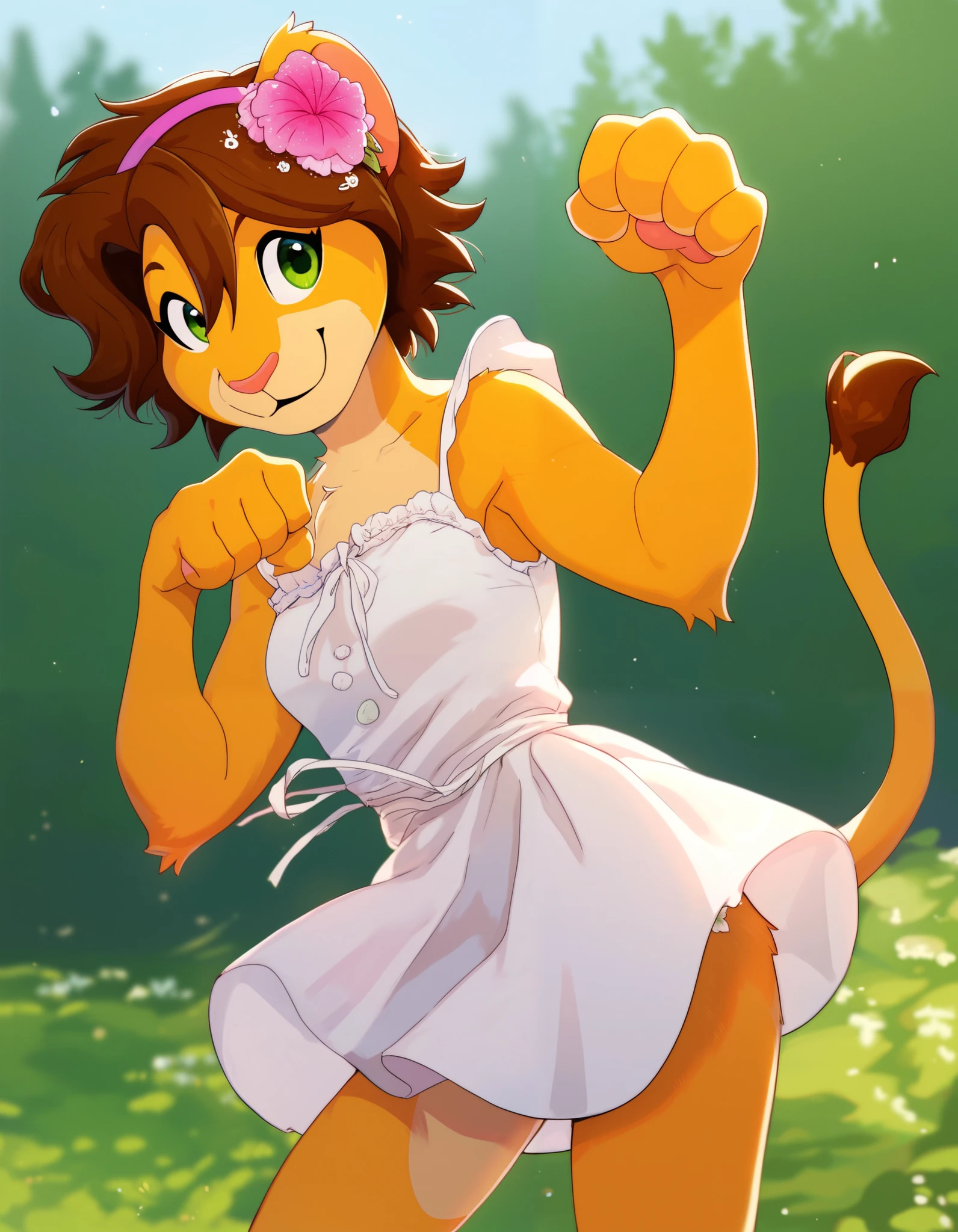 outdoors,
Keiko,1girl,solo,brown hair,furry,furry female,green eyes,smile,animal ears,tail,animal nose,hairband,hair ornament,hair flower,body fur,short hair,bangs,lion ears,
full body,smile,
pink sundress, paw pose,