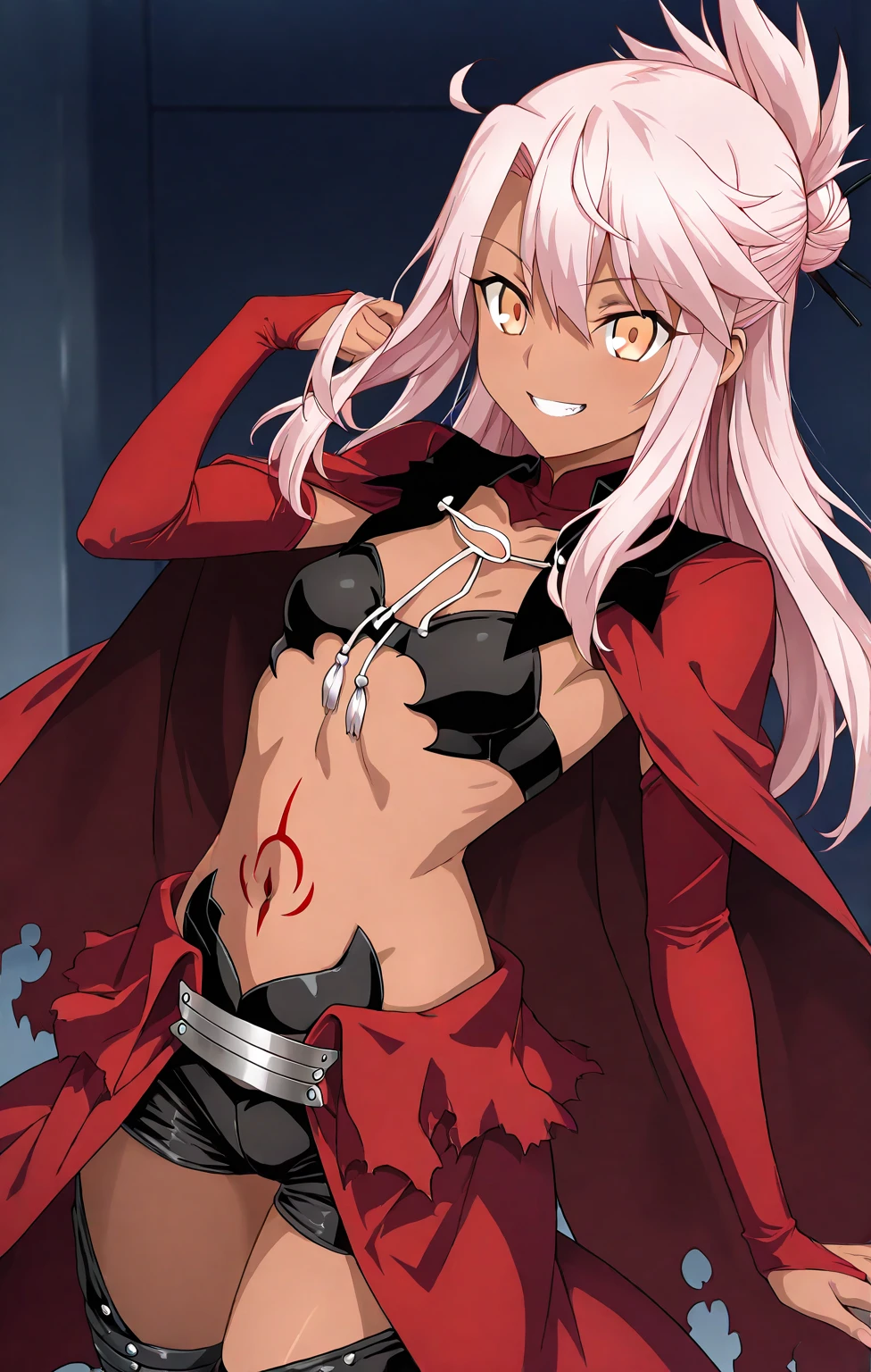 high resolution, masterpiece, necessary, detail, best quality, quality, necessary, tall details, High details, precise,

1 girl, Ufotable style, ufotable anime, smile, teeth

 Chloe Von Einzbern (Fate), Chloe Von Einzbern fate grand order, fate, fate grand order, long hair, hair between eyes, yellow eyes, pink hair,hair bun , dark skin, small breasts, red cape, black shorts