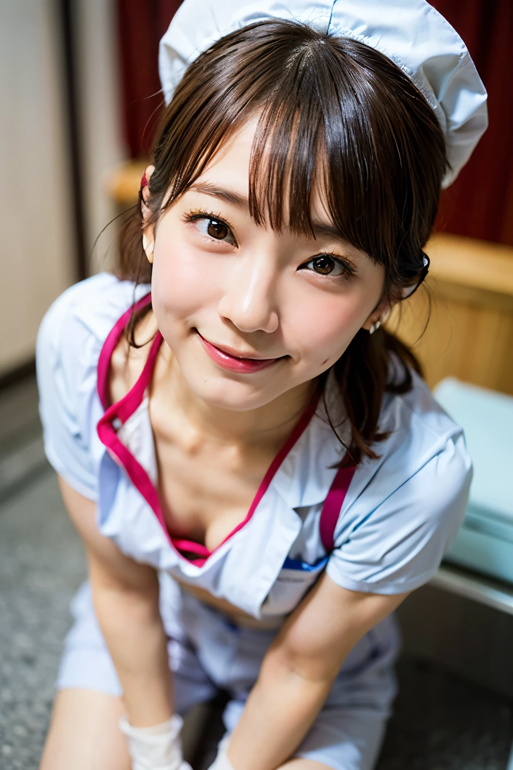 ( high definition ), (8k), (非常に  Detailsな), ( beautiful details), ( top quality), (超  Detailsな), (  Masterpiece ),( RAW photo:1.2),( SHARP ALL FOCUS:1.2),(( Japanese naked nurse who is 19 years old, tall and very thin with very small breasts:1.23)),(( Beautiful symmetrical Ulzzang with droopy eyes and dark eyes, full make-up:1.23,  A cute, slightly plain idol-like face:1.22)),(Short black hair with bangs),(美しい白い歯のsmile:1.3),  Details, 非常に  Detailsな目, 非常に  Detailsな皮膚, 非常に  Detailsな指, 非常に  Detailsな鼻, 非常に  Detailsな口,   perfect anatomy ,(smile:1.23, beautiful teeth alignment at volcanoes:1.22,),( wearing a white nurse cap:1.2,Tie-up hair:1.26) ((very bright marble-like hospital:1.55, Hospital testing equipment visible in the background:1.2)),  Spotlight from the front and from below:1.2,(( super close up shot of her face :1.65,Cowboy shot leaning forward from the front :1.2,Kneeling and wearing rubber gloves:1.52),(((Super tight fit, Simple, Seamless  ,  bright pink nurse suit made of thin lycra fabric:1.2))),, ((Fine abdominal muscles:1.48))!,( Very small breasts with no volume:2))), (Well trained,  slender body:1.73),(Short torso:1.3),(Curved waist:1.42),(Broad shoulders:1.3),( Thin Waist :1.3),((I can see your face clearly:1.3)),(( super close-up shot centered on the face:1.72))