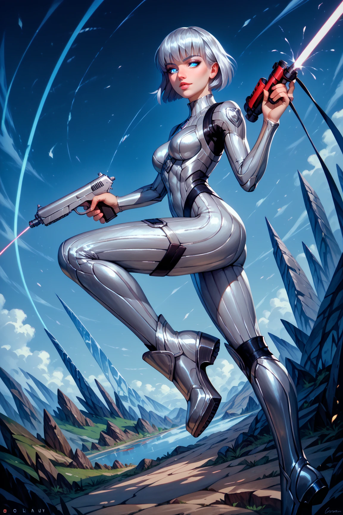 Ultra high resolution,colors, perfect image, top quality, detailed image, beautiful boy, glowing skin, skin and clothing texture, delicate eyes, cyber game world, battle bodysuit, boots, holding laser gun, (((silver bob hair))), blue eyes