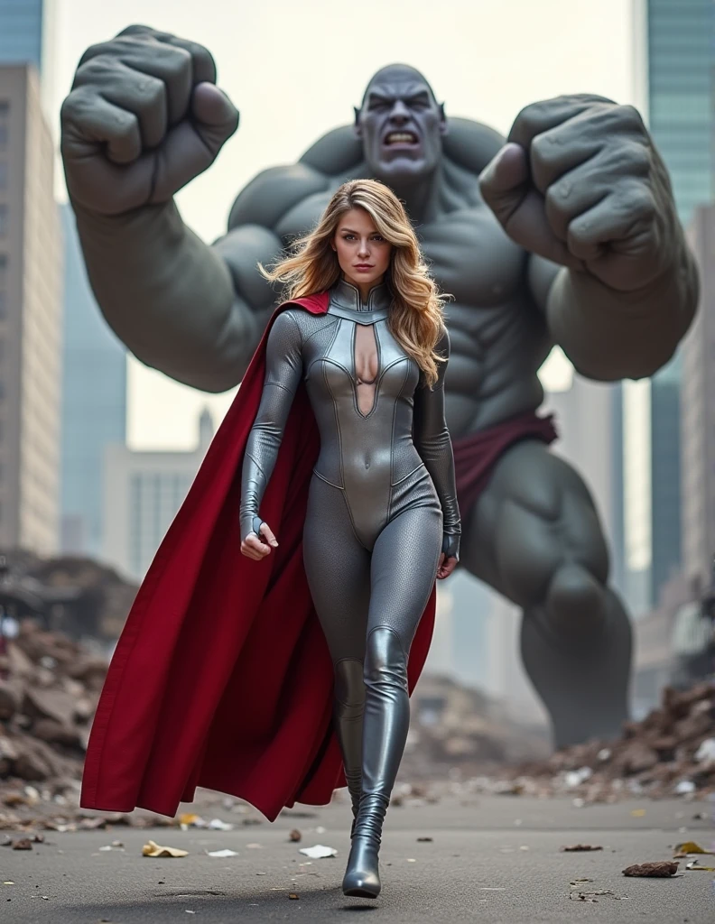 A powerful blonde female superhero powergirl wearing a tight, revealing silver costume with a red cape is stepping confidently into the scene. Her costume highlights her muscular physique and features a large cut-out on the chest area. She is standing in front of a massive, monstrous figure with pale skin and large fists raised above his head, as if ready to strike. The setting appears to be an urban environment, with rubble and debris on the ground, suggesting the aftermath of a fight. The superhero exudes confidence and determination, taking charge of the situation.