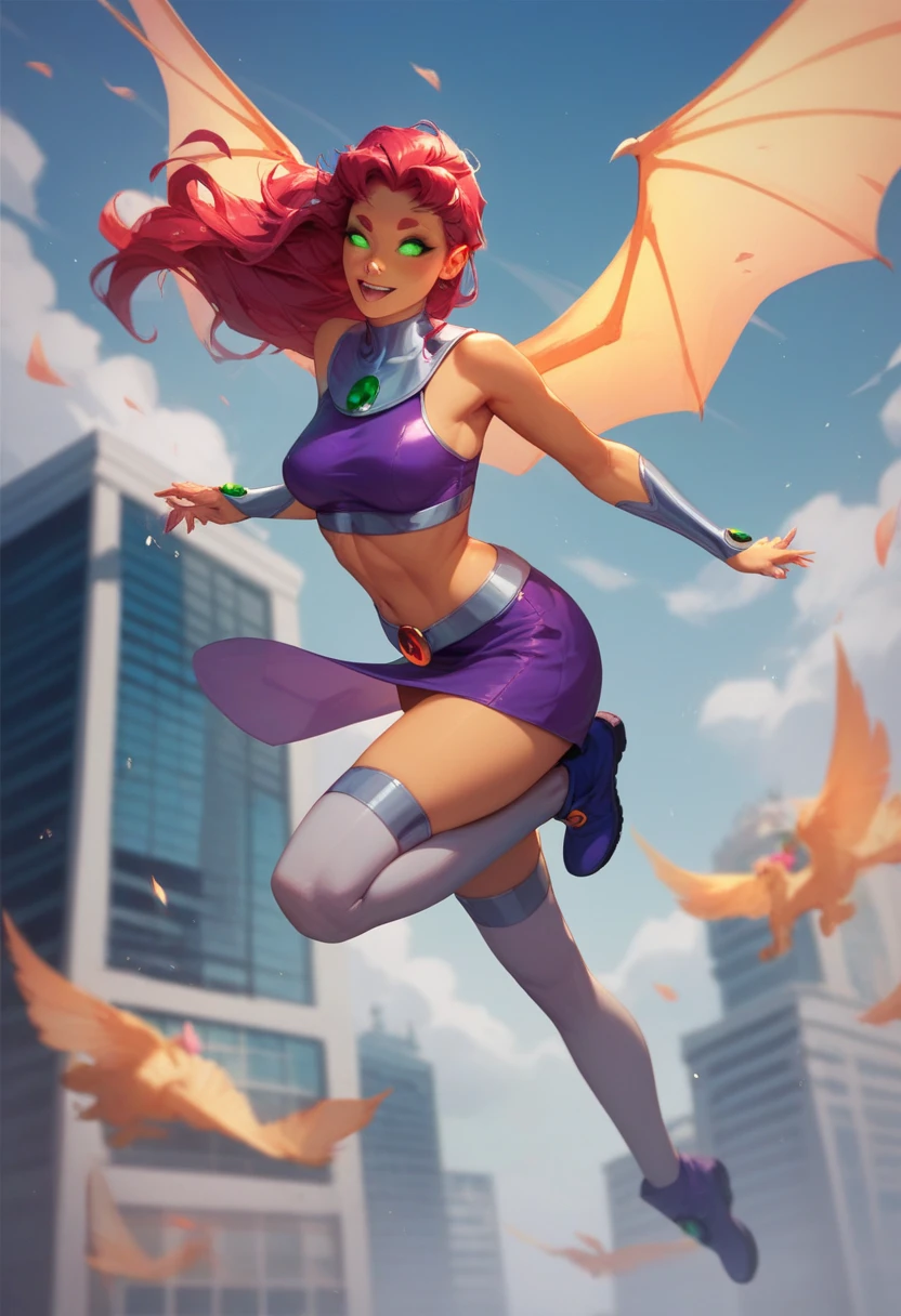 score_9, score_8_up, score_7_up, score_6_up, score_5_up, score_4_up, source_anime, starfire from teen titans, floating, wearing slutty purple latex outfit, hourglass figure,