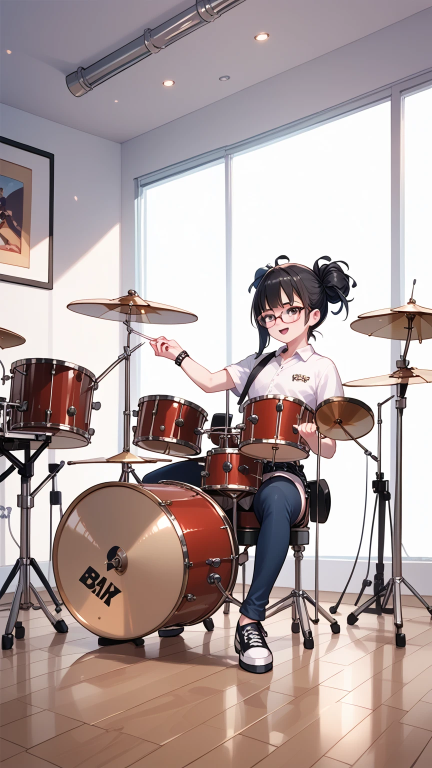 Black hair, glasses, drums, playing drums,