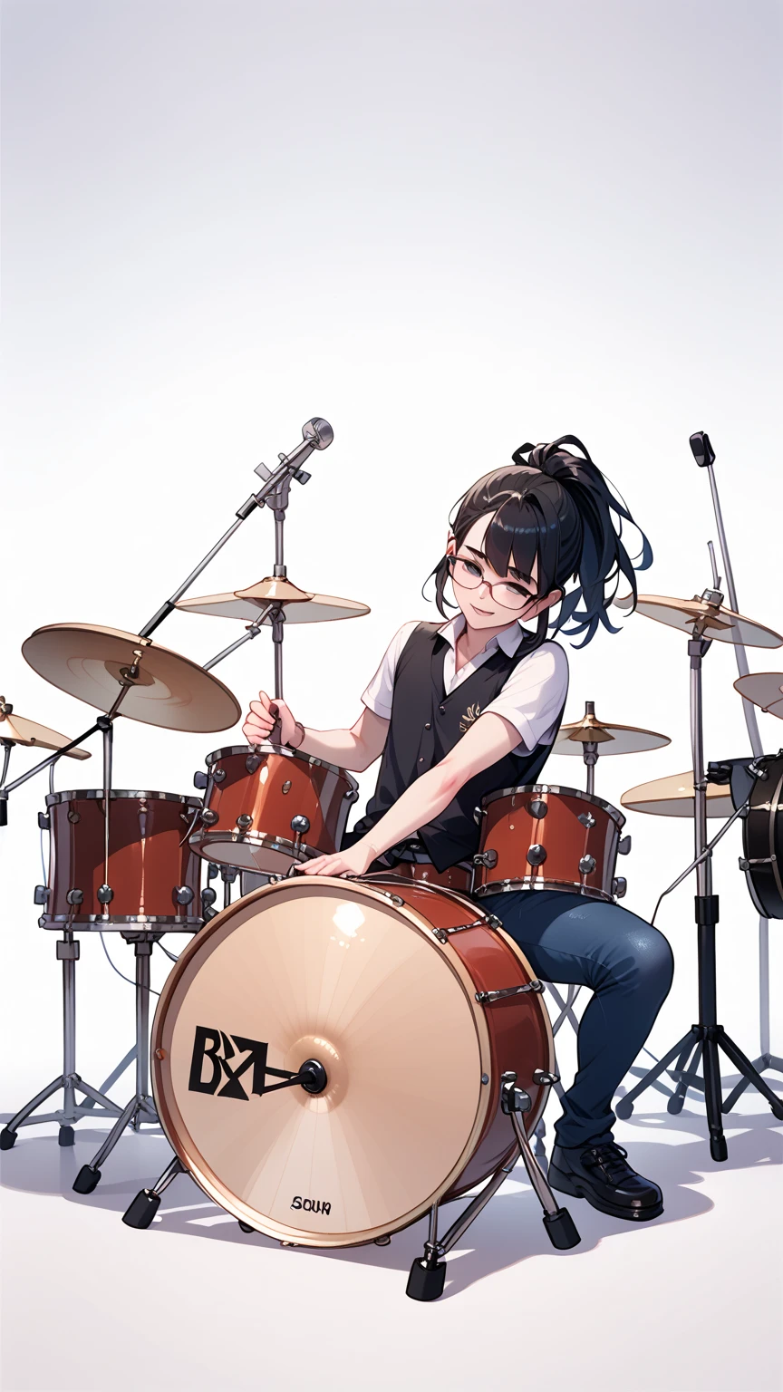 Black hair, glasses, drums, playing drums,