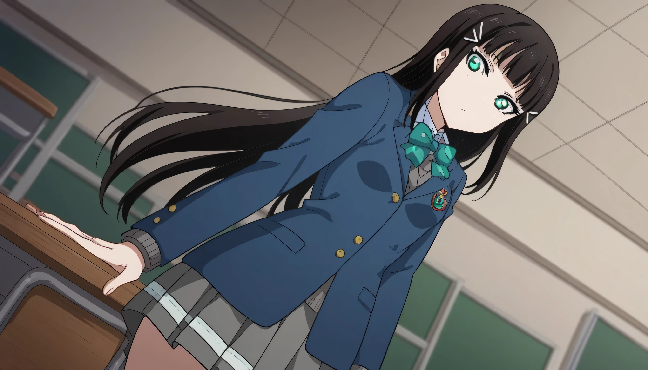 skirt,score_9, score_8_up, score_7_up, source_anime, dia kurosawa, long hair, bangs, black hair, hair ornament, green eyes, school uniform, jacket, blazer, winter uniform, otonokizaka school uniform, indoors, classroom, looking at viewer, dutch angle, cowboy shot, Showing the bra, you are wearing