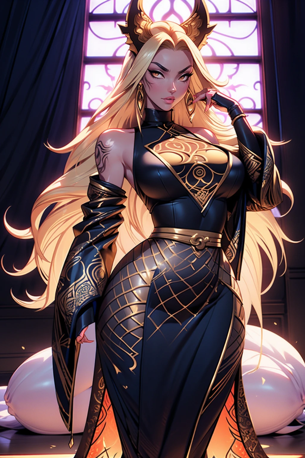 Masterpiece, very detailed, ultra detailed, one, (1 woman), she is in a simple blue dress-suit with gold accents and in an elegant position, super mature, tall, milf style, mature mother, super long hair, bright golden hair, super golden hair and straight sloppy bangs, yellow demonic horns, beautiful, charming, bright blood-red eyes of reptiles, reptile eyes, super red eyes, bright eyes, elegant, large breasts (huge), neutral face, charming, bright background, valiant environment, against the background of lightning and thunderstorms.