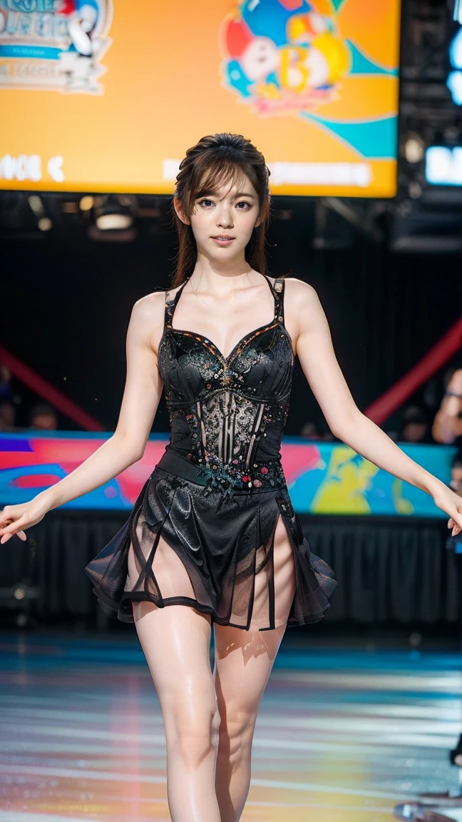 Raw photo、A girl stands on a large raised stage、big breasts、concert venue、singing and dancing)bright smile(17 year old girl、small face、very beautiful face、idol makeup)(((super fair skin、Whitening skin、pure white skin))) realistic skin(sparkling eyes)big breasts、thin waist、long legs、big ass (red hair、long straight hair、hair behind ears、beautiful hair、smooth hair)She performs a solo on stage(((Kunoichi、Ninja costume with detailed, beautiful and colorful patterns、超big breasts))))Ninja house background((The atmosphere is colorful concert lights,Upper Light、 Create a seductive glow around her))Her adorable look、shot from below、full body description