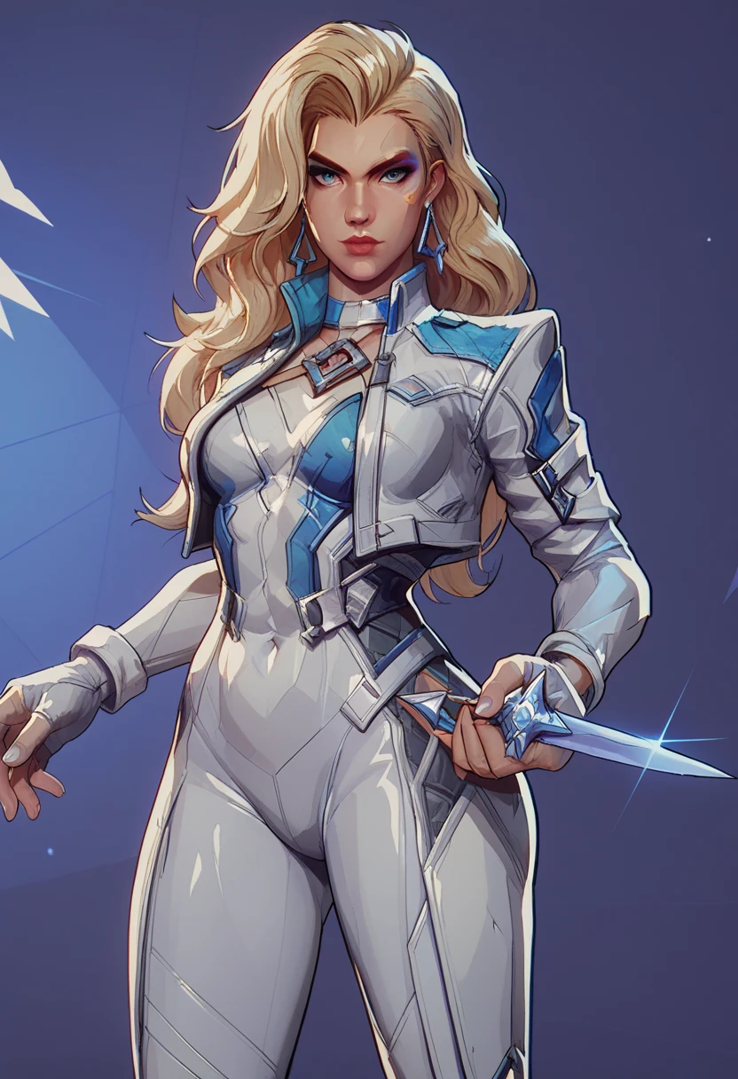 score_9, score_8_up, score_7_up, score_6_up, expressiveh, dagger_rivals, 1girl, solo, cowboy shot, blonde hair, long hair, eyeliner, blue eyes, moon mark, earrings, from front, cropped jacket, bodysuit, white bodysuit, white clothes, fingerless gloves, blue details, looking at viewer, purple background, geometric shapes
