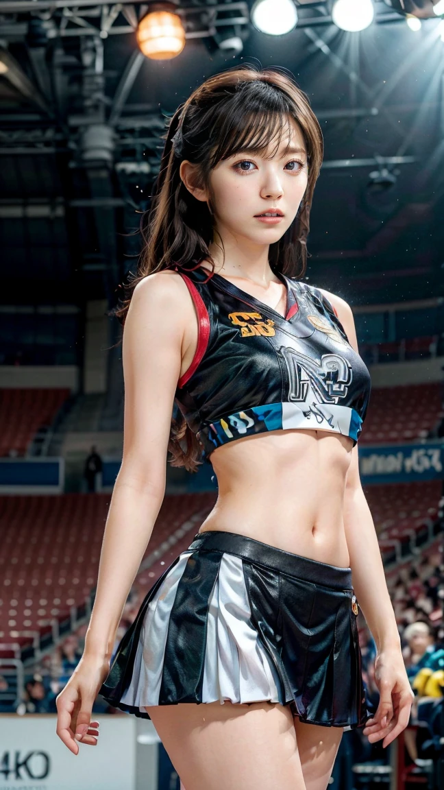 ((masterpiece)), ((best quality)), ((ultra-detailed)),((hyperrealistic)),(japanese cute girl),(shiny skin),1girl,(forehead),black hair,long hair,(black big eyes,tareme,droopy eyes),(small breasts),,dynamic angle,cheerleaders dancing at the stadium,navel,miniskirt,dynamic lighting,sweat,(ass),