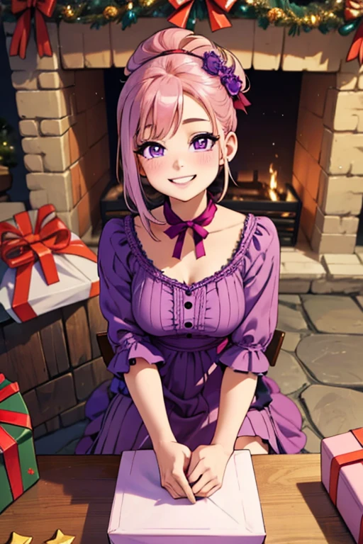 Perfect face. Perfect hands. A petite pink haired woman with violet eyes in a cute holiday dress is wrapping presents by the fireplace with a big smile