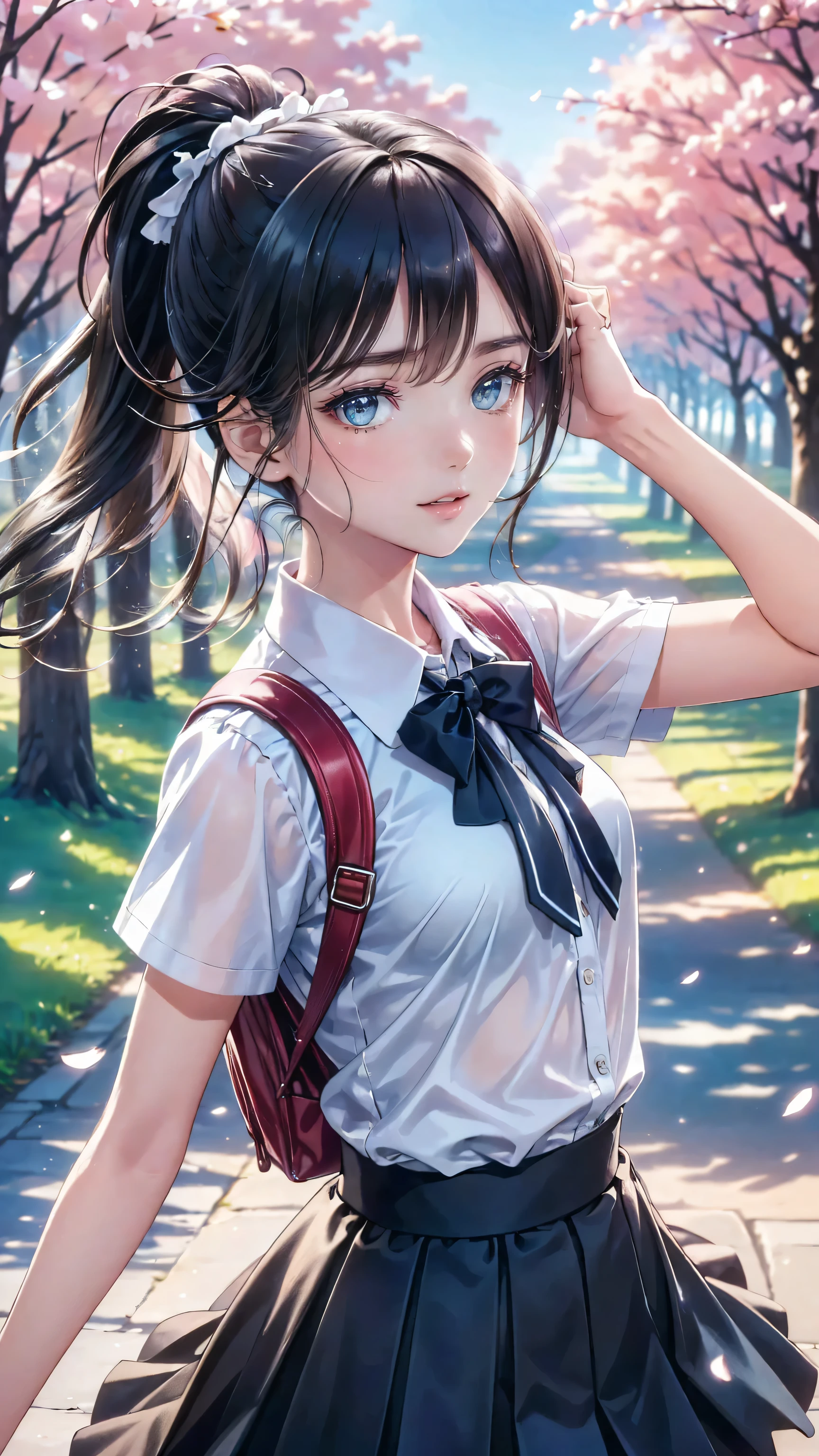 Realistic (photorealistic Realism), (high resolution), ((intricately detailed digital art)), professional photography, (1 girl, alone), (ultra realistic texture details: velvety skin, hair),((sharp focus, no blurry, high resolution, absurd quality, Realistic blue_eyes:1.4), intricately detailed:1.3),((extremely fine details eyes)), ((extra narrow eyebrows)), (perfect round eyes:1.3), finely detailed pupils:1.3, (extremely fine details pupils:1.3), (extremely fine details iris of the eyes), (Shining, mesmerizing, Vibrant eyes), detailed lips:1.3, apply glossy red_lipstick, (pink_makeup), ultra-detailed, HDR, UHD), very detailed face, Random Hair, (( pastel colors)), (Dressed in a navy-blue school uniform with a pleated skirt and white blouse:1.22), a girl is walking down a quiet street , rucksack on one shoulder . Her long, black hair tied in a pretty ponytail , hall posing in studio with . The street is surrounded by cherry blossom trees , cherry blossom petals are dancing around her, creates a picturesque landscape . as she humps a song 、 has a slight smile , enjoying a quiet walk to school . The sun has just risen , Soft Cast, the golden color that spreads through the scene , and a light breeze softens the hem of her skirt. ( early morning, school uniform, gentle expression , cherry blossoms)