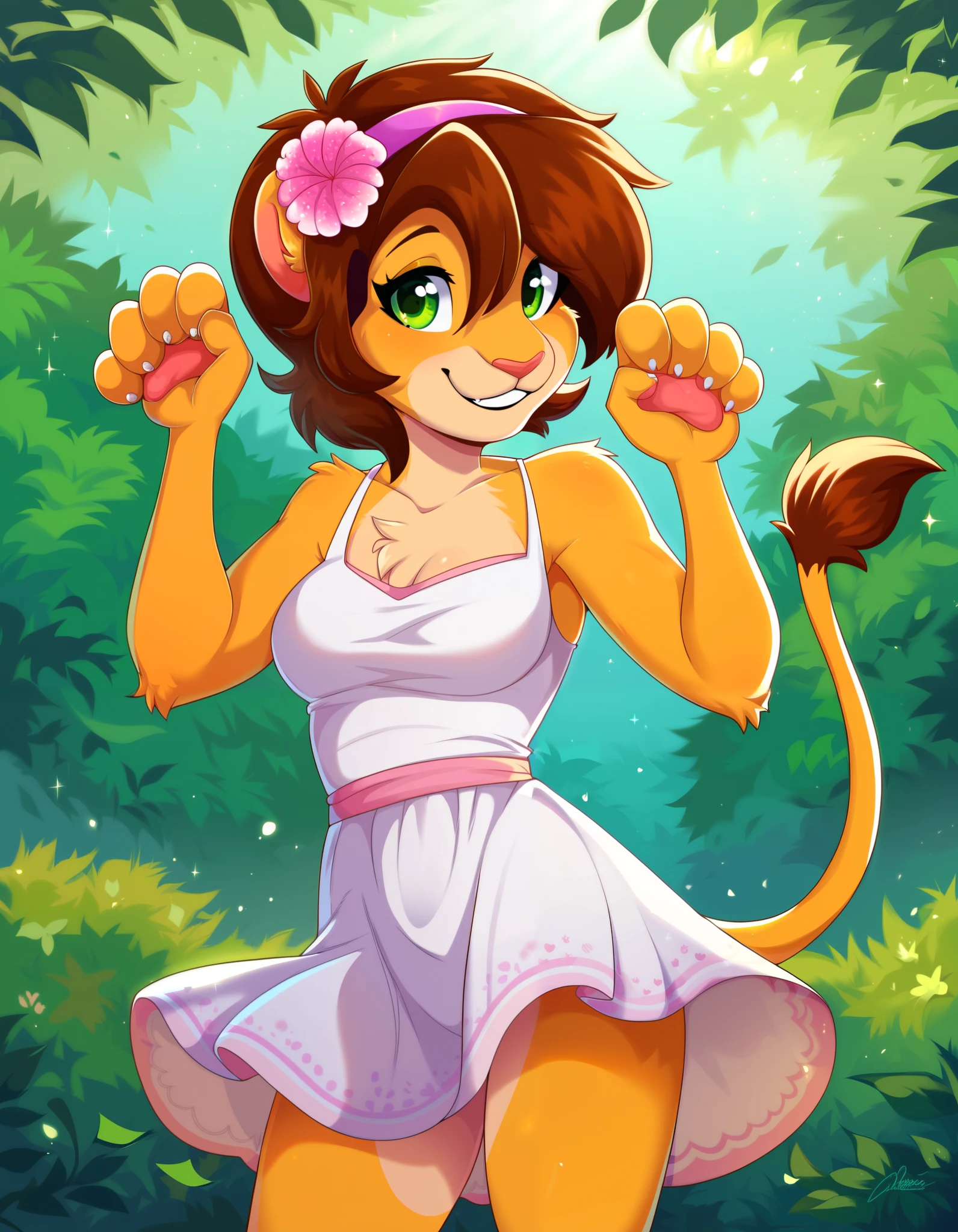 outdoors,
Keiko,1girl,solo,brown hair,furry,furry female,green eyes,smile,animal ears,tail,animal nose,hairband,hair ornament,hair flower,body fur,short hair,bangs,lion ears,
full body,smile,
pink sundress, paw pose,