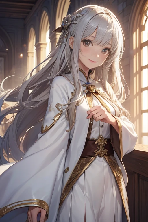 (( top quality)), ((masterpiece)), (  Details) Pretty girl silver semi-long hair, height 157 cm, gentle smile, white and brown mage robe skirt