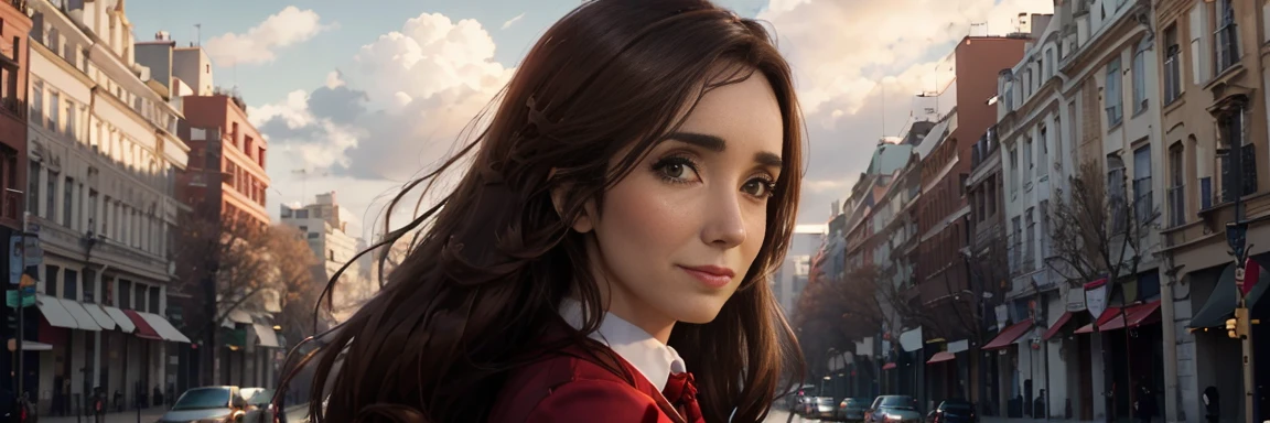 8K,  Best Quality ,  Victoria Villarruel dressed in a scarlet red suit as a lawyer,  Detailed face, smooth face,  long dark brown hair, slender with wide hips ,  warm smiling expression . outdoors, Square with trees in the city of Buenos Aires,  clouds in the sky in the background, Rays of sunlight