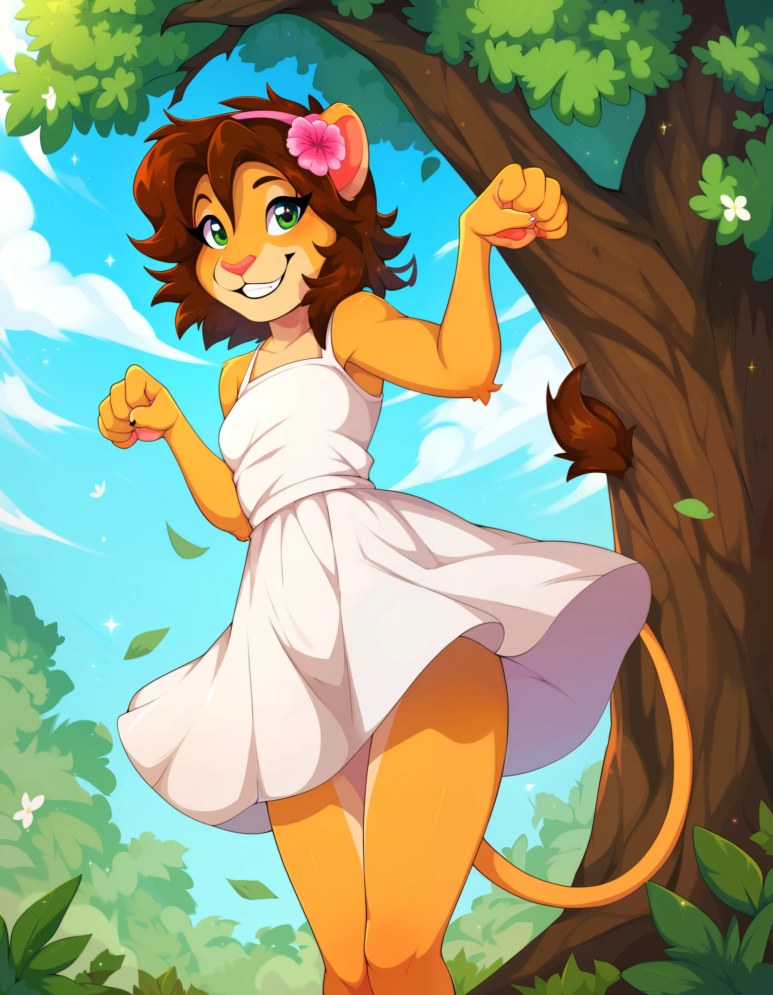 outdoors,
Keiko,1girl,solo,brown hair,furry,furry female,green eyes,smile,animal ears,tail,animal nose,hairband,hair ornament,hair flower,body fur,short hair,bangs,lion ears,
full body,smile,
pink sundress, paw pose,