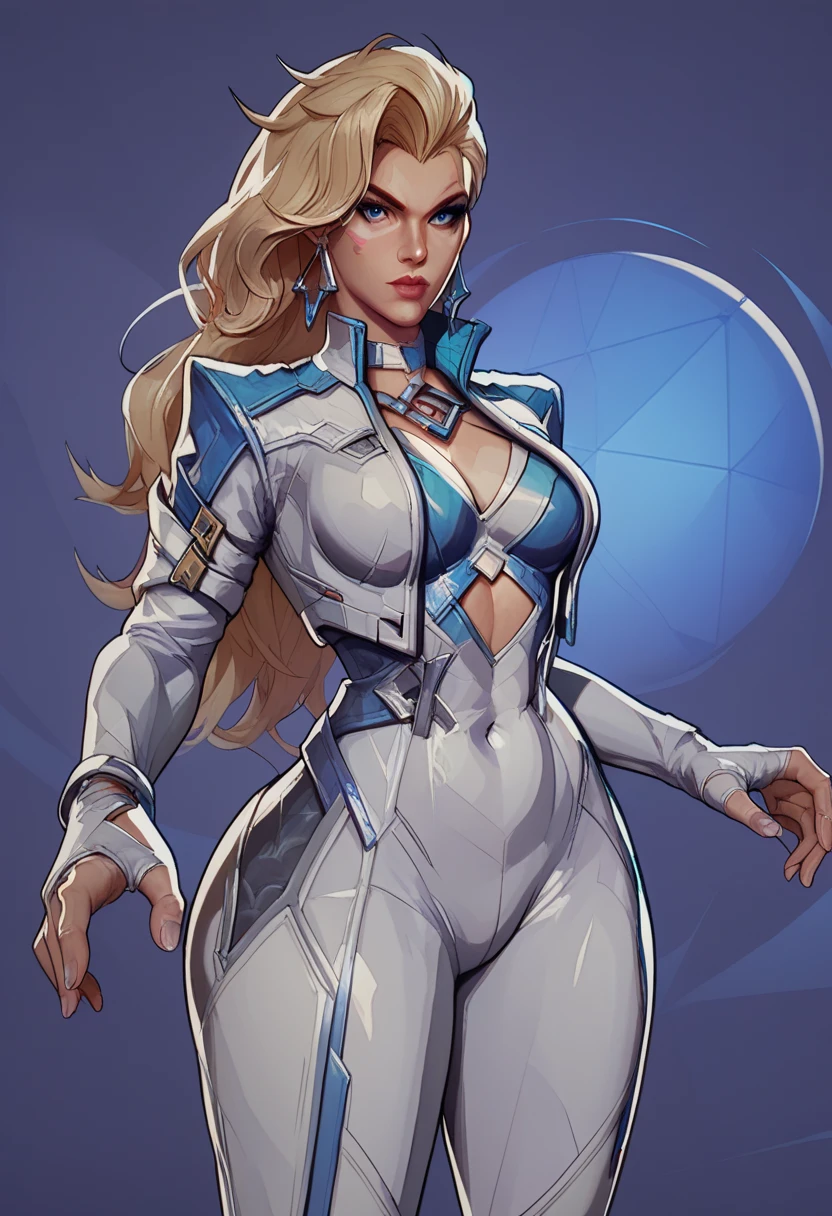 score_9, score_8_up, score_7_up, score_6_up, expressiveh, dagger_rivals, 1girl, solo, cowboy shot, blonde hair, long hair, eyeliner, blue eyes, moon mark, earrings, from front, cropped jacket, bodysuit, white bodysuit, white clothes, fingerless gloves, blue details, looking at viewer, purple background, geometric shapes, sexy, big boobs , big hips
