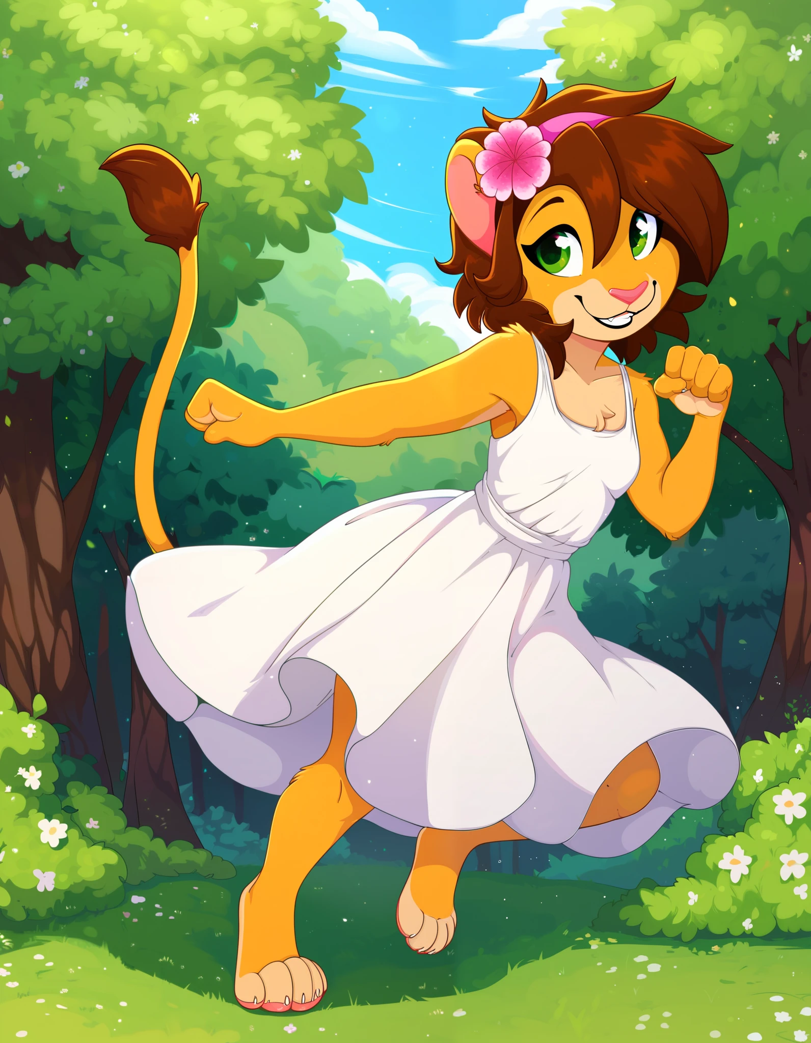 score_9, score_8_up, score_7_up,, outdoors, Keiko,1girl,solo,brown hair,furry,furry female,green eyes,smile,animal ears,tail,animal nose,hairband,hair ornament,hair flower,body fur,short hair,bangs,lion ears, full body,smile, pink sundress, paw pose,