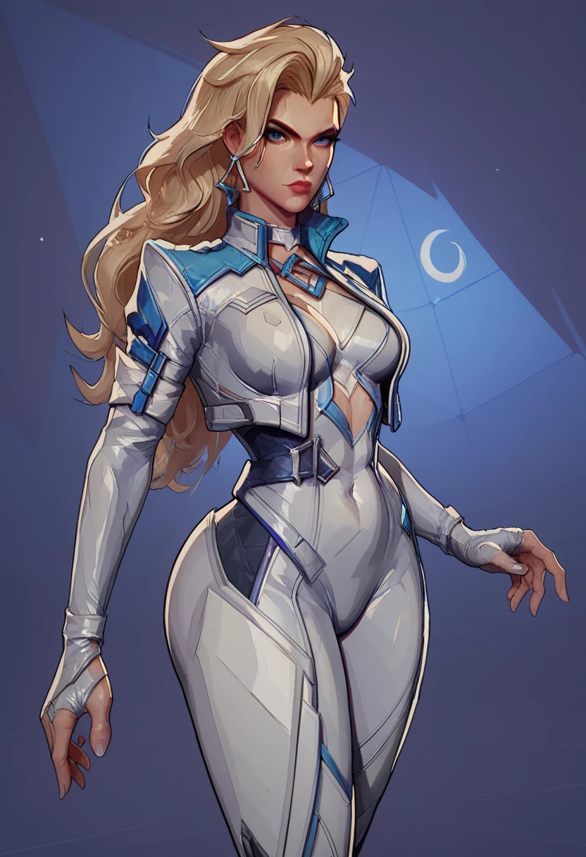 score_9, score_8_up, score_7_up, score_6_up, expressiveh, dagger_rivals, 1girl, solo, cowboy shot, blonde hair, long hair, eyeliner, blue eyes, moon mark, earrings, from front, cropped jacket, bodysuit, white bodysuit, white clothes, fingerless gloves, blue details, looking at viewer, purple background, geometric shapes, sexy, sexy big boobs , sexy big hips
