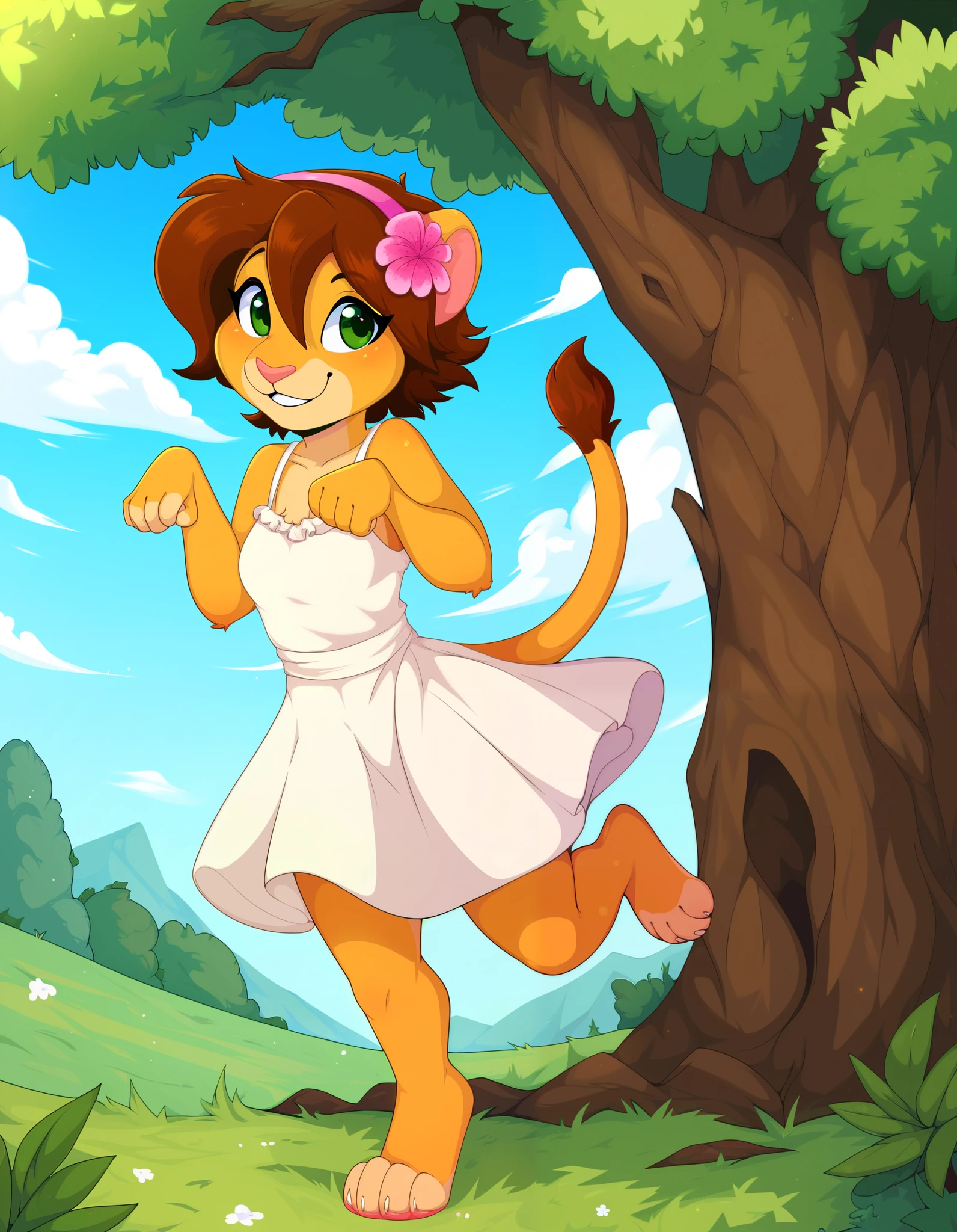 score_9, score_8_up, score_7_up,, outdoors, Keiko,1girl,solo,brown hair,furry,furry female,green eyes,smile,animal ears,tail,animal nose,hairband,hair ornament,hair flower,body fur,short hair,bangs,lion ears, full body,smile, pink sundress, paw pose,