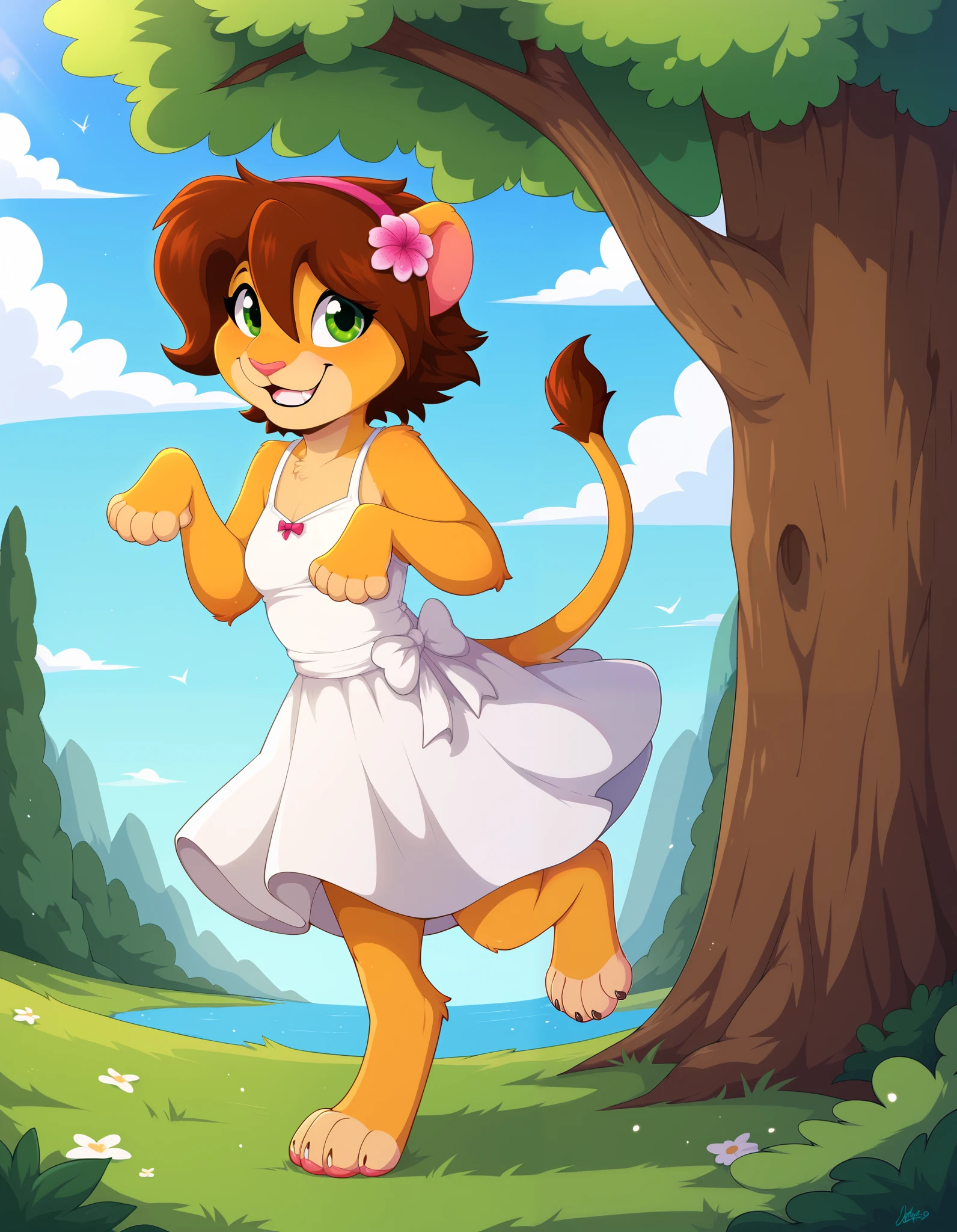score_9, score_8_up, score_7_up,, outdoors, Keiko,1girl,solo,brown hair,furry,furry female,green eyes,smile,animal ears,tail,animal nose,hairband,hair ornament,hair flower,body fur,short hair,bangs,lion ears, full body,smile, pink sundress, paw pose,