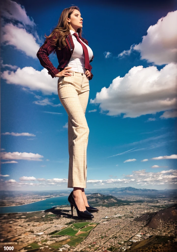  giga goddess, full body view, , stepping on very tiny but massive continent, giantess so big she stands in space and where mointains are tiny compare to her, Towering giga giantess, ginger girl，(500,000 miles tall Looking up at the approaching woman from below), A sophisticated and stylish woman in a red perfect italian pinstriped trousers suit and blazer, form fitting crisp white shirt tucked neatly in trousers, and a blue paisley 10cm wide necktie in a windsor knot, tie length down to top of trousers, with a beautiful, curvaceous figure, massive breasts, and long ginger hair, with a curvaceous figure and massive breasts. wearing red rounded court shoes high heels with uncovered feet and standing, rampage-like pose, with a cityscape background of tiny massive mega-city, urban sprawl, coast line, and small towns, partially obscured by a hazy, cloudy atmosphere. The image is a high-resolution, masterpiece-quality, cinematic, ultra-detailed, and hyper-photorealistic photograph, with perfect hands, face, and lighting. ultra-detailed, 8K, photo-realistic, hyper-realistic, masterpiece, intricate details, full body view. Looking at camera, The image is a high-resolution, masterpiece-quality, cinematic, ultra-detailed, and hyper-photorealistic photograph, with perfect hands, face, and lighting. ultra-detailed, 8K, photo-realistic, hyper-realistic, masterpiece, intricate details, full body view from below