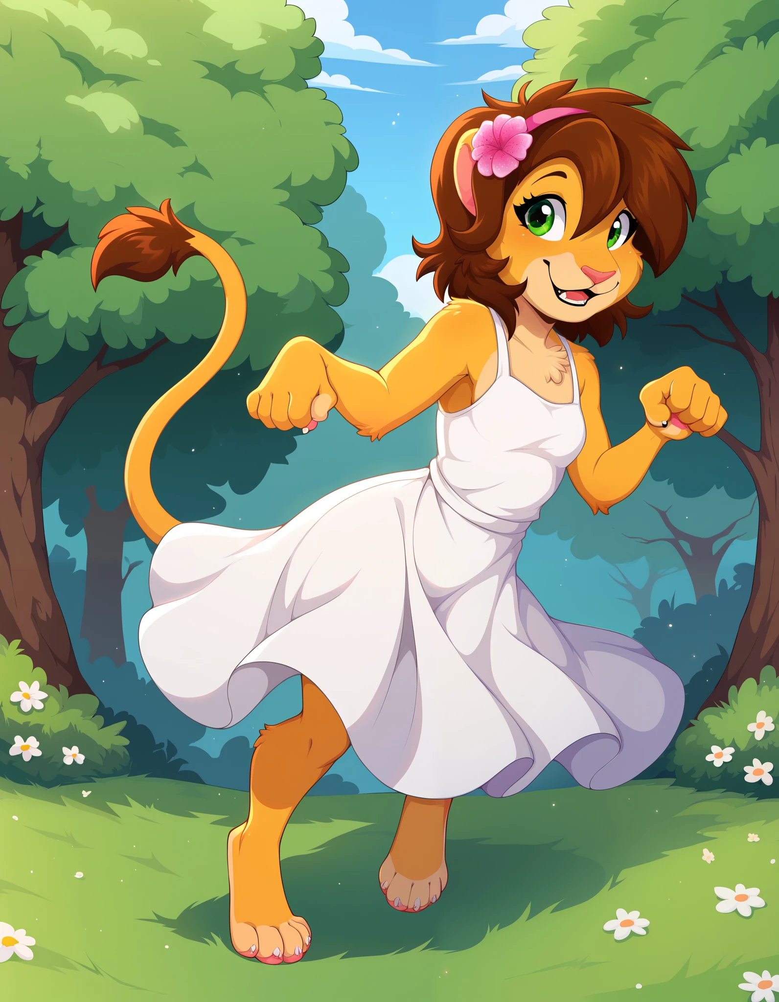 score_9, score_8_up, score_7_up,, outdoors, Keiko,1girl,solo,brown hair,furry,furry female,green eyes,smile,animal ears,tail,animal nose,hairband,hair ornament,hair flower,body fur,short hair,bangs,lion ears, full body,smile, pink sundress, paw pose,