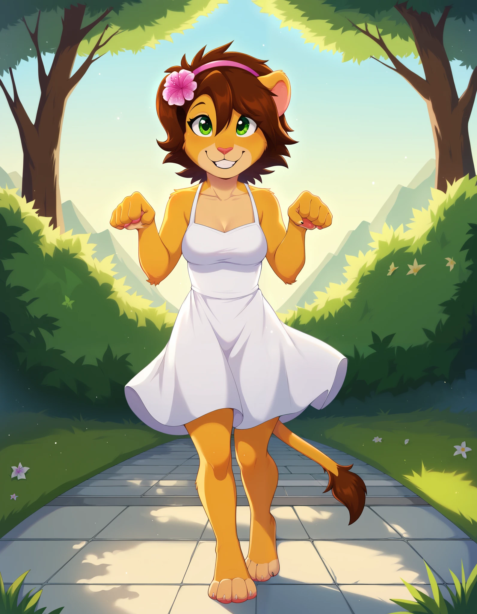 score_9, score_8_up, score_7_up,, outdoors, Keiko,1girl,solo,brown hair,furry,furry female,green eyes,smile,animal ears,tail,animal nose,hairband,hair ornament,hair flower,body fur,short hair,bangs,lion ears, full body,smile, pink sundress, paw pose,
