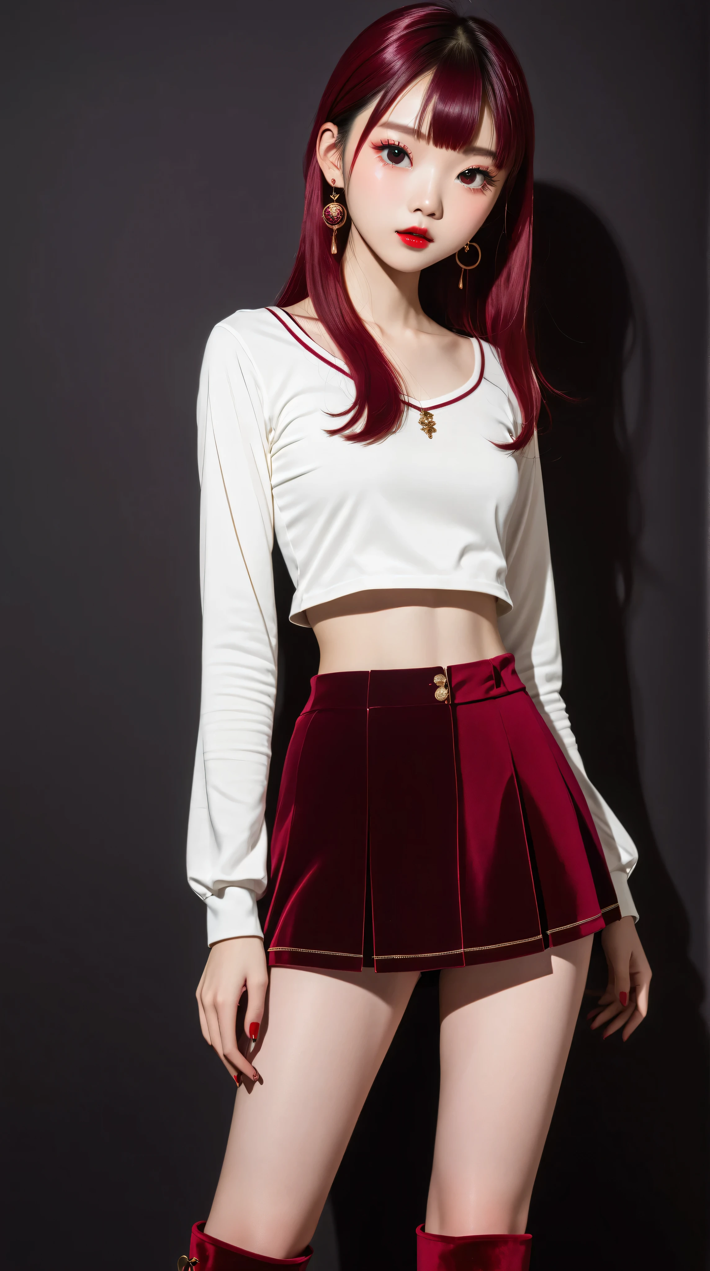 Surreal and cinematic picture of a young asian, slim fit young teen girl, round face, full crimson lips, super slim waist, long skinny legs, big gold earrings, blushing cheeks, very long straight dark ruby red hair, pale white skin, big green eyes, ulzzang, long eyelashes, wearing a tight, long-sleeved, crimson velvet crop top, crimson velvet mini skirt and crimson colored velvet knee high boots, black background, ((arms behind back)), cleavage, underboob, big breasts, 