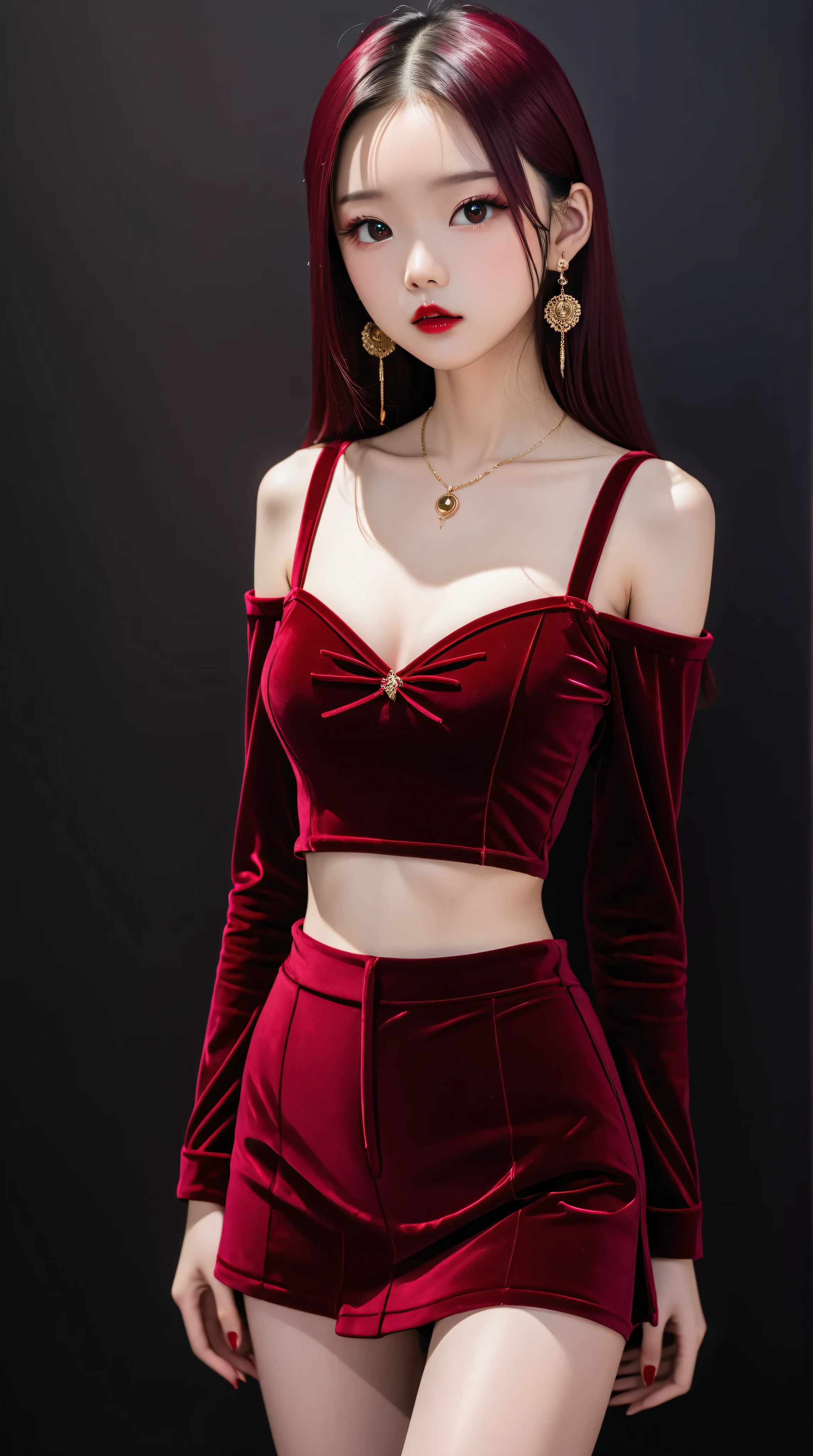 Surreal and cinematic picture of a young asian, slim fit young teen girl, round face, full crimson lips, super slim waist, long skinny legs, big gold earrings, blushing cheeks, very long straight dark ruby red hair, pale white skin, big green eyes, ulzzang, long eyelashes, wearing a tight, long-sleeved, crimson velvet crop top, crimson velvet mini skirt and crimson colored velvet knee high boots, black background, ((arms behind back)), cleavage, underboob, big breasts, 