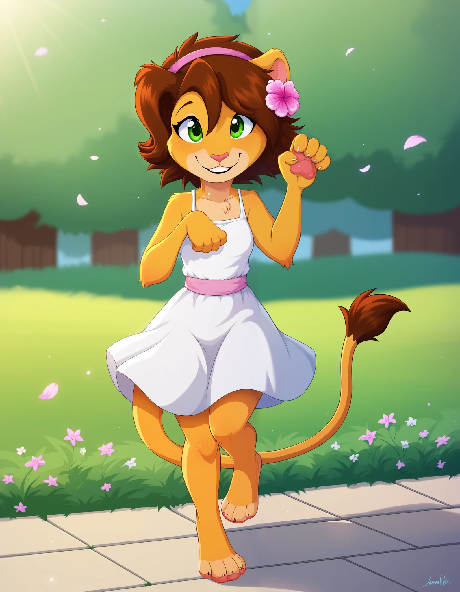 score_9, score_8_up, score_7_up,, outdoors, Keiko,1girl,solo,brown hair,furry,furry female,green eyes,smile,animal ears,tail,animal nose,hairband,hair ornament,hair flower,body fur,short hair,bangs,lion ears, full body,smile, pink sundress, paw pose,