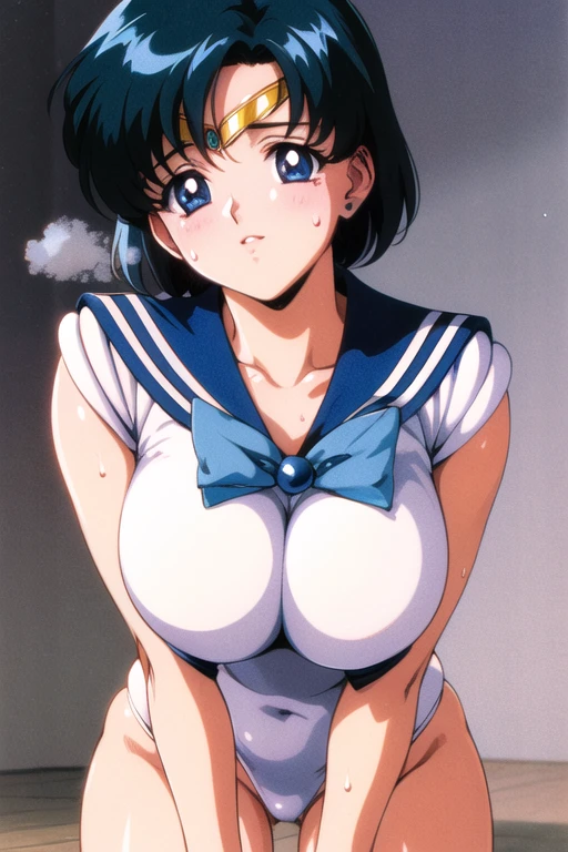 Opening mouth, sticking out tongue, giving a blowjob, milky liquid, facial bukkake, Yukari,One girl,alone,retro artstyle,White Background,ponytail,Bunny girl simple background,Tea hair,1990s (style),Long Hair,Brown eyes,Head tilt Big breasts Thighs Sailor uniform Naked lower body No skirt