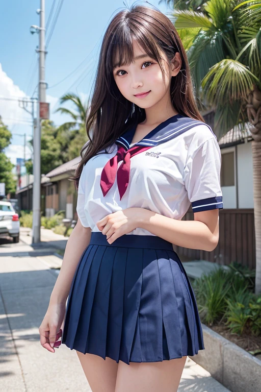 1girl in , 12 old, Happy smile, Blue eyes, masutepiece, Best Quality, Detailed, Lori, Girly running,
a junior high school student, Sailor School Uniform, Lori, tits out, On the way to school, (slender:1),
japanse, small brest, Vulgarity, The wind is blowing, Sky blue seaside