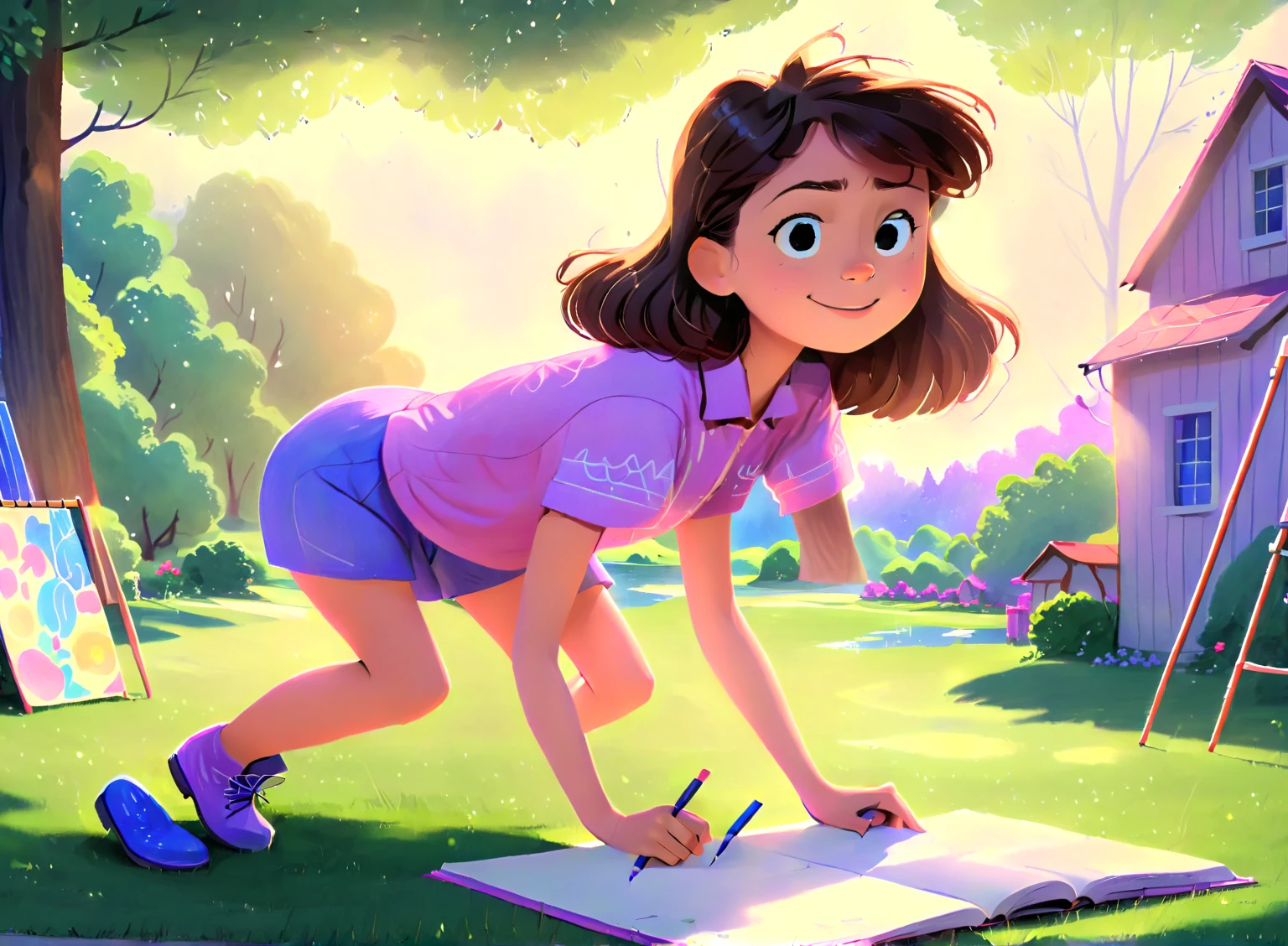 Clara, a girl with brown wavy hair, using glasses, she is playing in her backyard, purple shirt, pink shorts and blue boots. Detailed face, intricate details, colorful crayons, cozy indoor setting, beautiful lighting, soft pastel colors, warm tones, cinematic composition, award winning illustration, highly detailed, photorealistic, 8k, masterpiece, professional, award winning, cinematic lighting, soft focus, beautiful composition, consistent character. The illustration should be simple and clean. The style of the illustration resembles a classic ren's book, combining a Disney cartoon and watercolor illustration but with thick lines outlining the image.