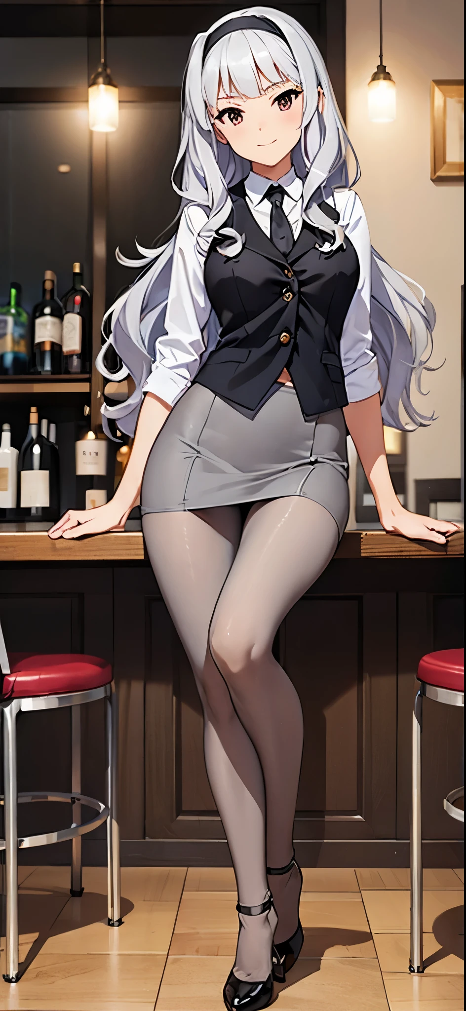 bartender woman, alone, standing, takane shijou, white long hair, BREAK, ((black cummer vest, short pencil Skirt, stiletto heels)), BREAK, (gray tights: 1.3), thighs, Beautiful legs, sit on a counter chair, view audience, At a bar with a chic atmosphere, draw the whole body, View from the front, CG, unity, 8k, wallpaper, highest quality, masterpiece, best lighting, complex pupils, complex textile, detailed background, detailed face