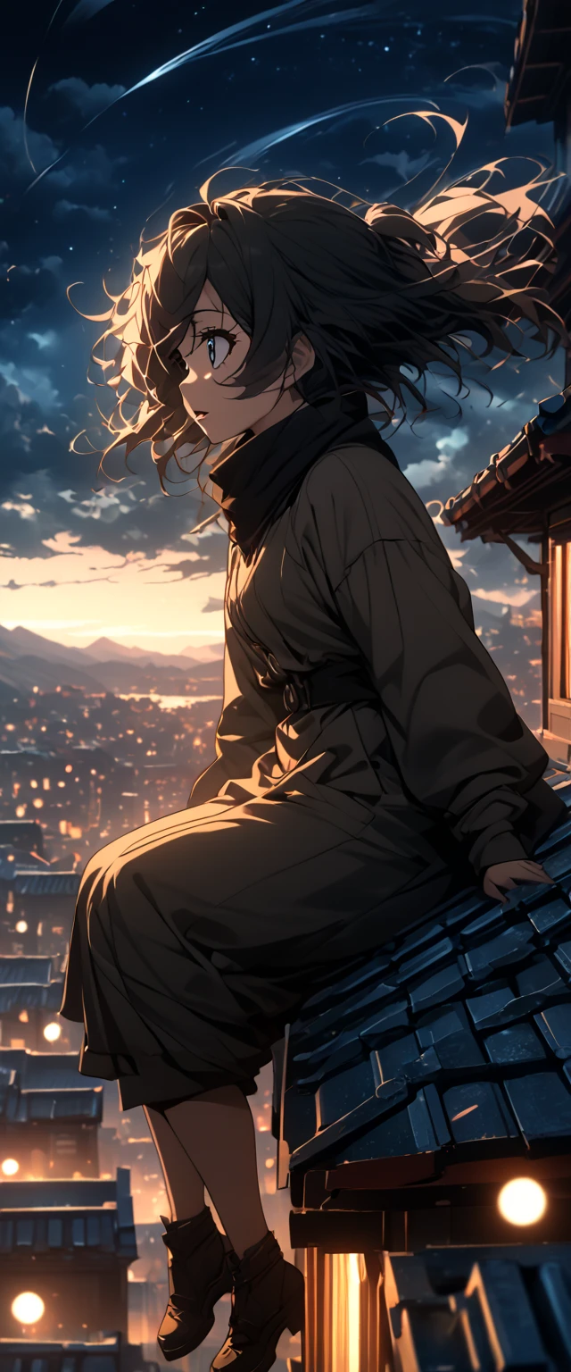  huge structures ，Best quality, Art board,  ,  detailed background,  Hoguji manga style {x} Japanese animation, 1 girl, , Short girl, Science fiction, Science fiction小说,  in the open air, Night,  starry sky ,  roof ,  science fiction ,  wind ,  landscape , winds景, horizon, سَطح,  dynamic dome , winds,  Open her mouth ,  focus only ,  sitting on the roof , Close, From the side,  Depth of field , bokeh