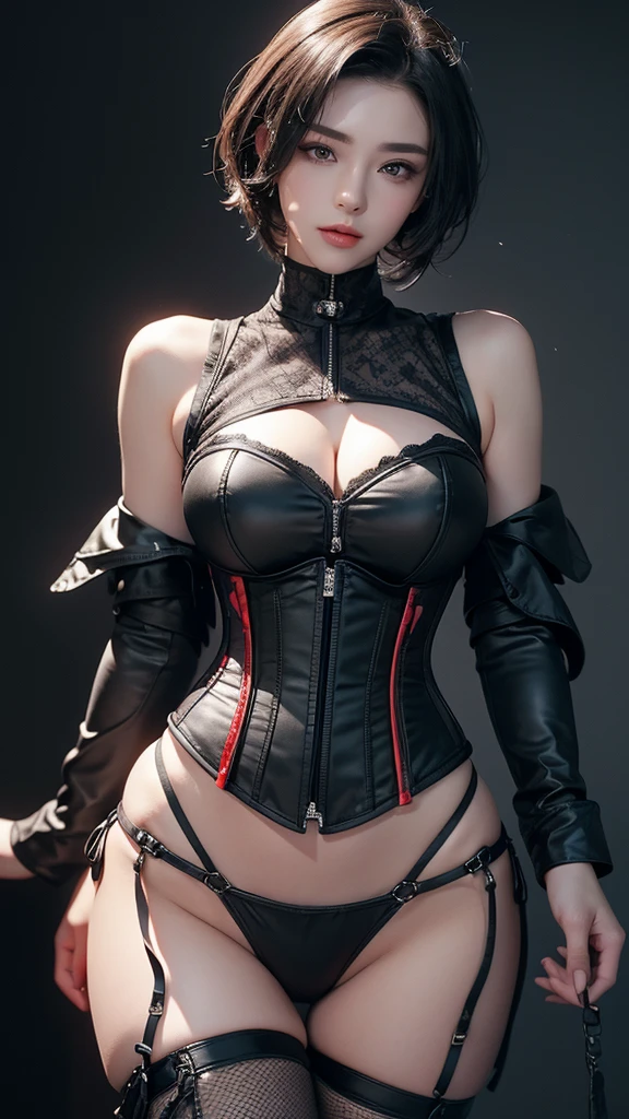 masterpiece, Highest quality, Very detailed, To the camera, 複雑に詳細なVery detailedな, Realistic, Sharp features, Very detailed, Sharp focus, Perfect Face, Perfect Face, Perfect symmetry and perfect eyes, Perfect Plump Lips, Flexible female form, Cinematic, Film Light, Very detailedな, hyper Realistic, masterpiece, Atmospheric, High resolution, Vibrant, Dynamic Studio Lighting, ((Dark Background)), The facial expression when feeling happy, handcuffs, BDSM, slave, Rubber, Red Corset, (赤いfirst round), ((Highest quality, 8k, masterpiece: 1.3)), Sharp focus: 1.2, Beautiful woman with perfect figure: 1.4, Slim Abs: 1.2, Wet body: 1.5, Very detailedな顔と肌の質感, Detailed eyes, double eyelid, Very short hair,((Sm嬢)),((m嬢)),handcuffs,first round,Red and black outfit