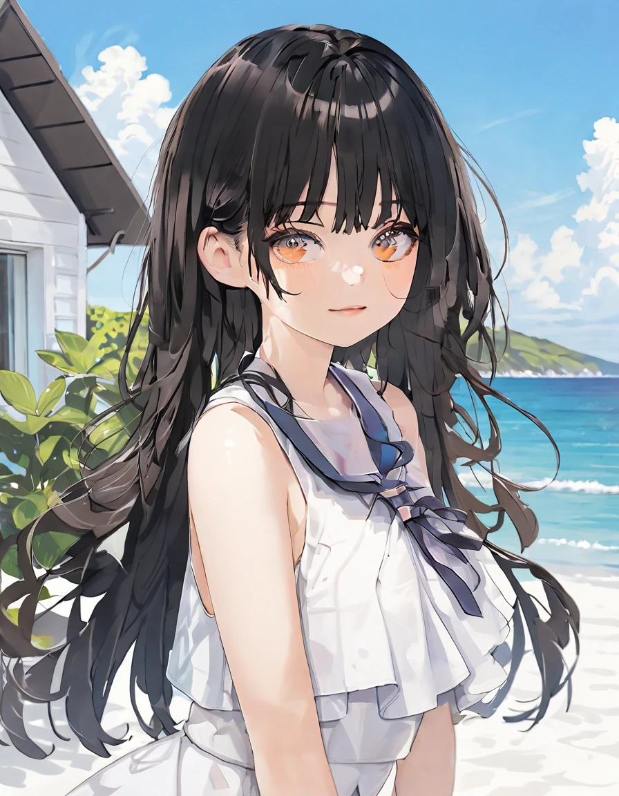 1girl in、AS-Adult、A smile、sea side、suns、the wind、Cute swimsuit、Upper body portrait、