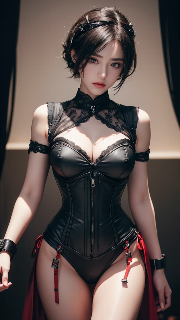 masterpiece, Highest quality, Very detailed, To the camera, 複雑に詳細なVery detailedな, Realistic, Sharp features, Very detailed, Sharp focus, Perfect Face, Perfect Face, Perfect symmetry and perfect eyes, Perfect Plump Lips, Flexible female form, Cinematic, Film Light, Very detailedな, hyper Realistic, masterpiece, Atmospheric, High resolution, Vibrant, Dynamic Studio Lighting, ((Dark Background)), The facial expression when feeling happy, handcuffs, BDSM, slave, Rubber, Red Corset, (赤いfirst round), ((Highest quality, 8k, masterpiece: 1.3)), Sharp focus: 1.2, Beautiful woman with perfect figure: 1.4, Slim Abs: 1.2, Wet body: 1.5, Very detailedな顔と肌の質感, Detailed eyes, double eyelid, Very short hair,((Sm嬢)),((m嬢)),handcuffs,first round,Red and black outfit