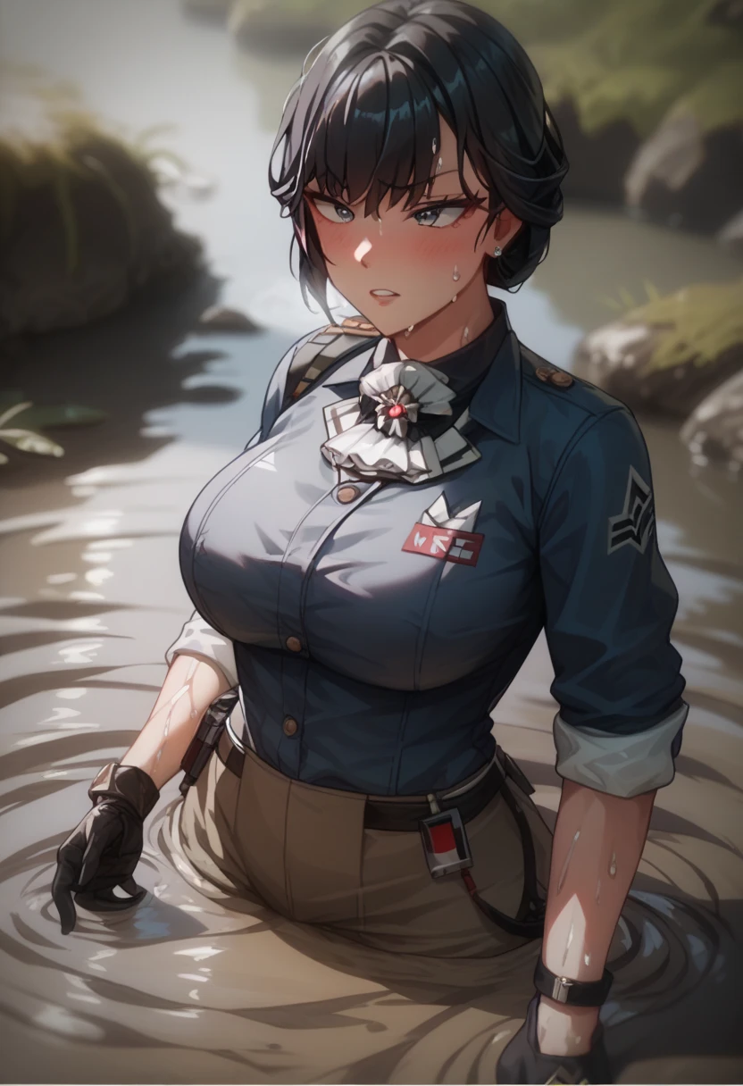 Marciana ( goddess of victory :nod),Black gloves,dark blue shirt with rolled up sleeves ,, black hair,,recording, Standing ,sweat,底なしSwamp,Swamp,Quick sand,Be buried(Up to the waist)