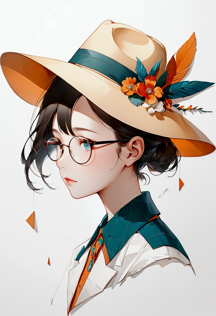 A captivating minimalist portrait of a radiant girl, artfully crafted with smooth white surfaces and delicate pen lines. The young girl's face, adorned with gentle, kind eyes gazing to the side, is sculpted by intersecting planes. She dons round glasses and a stylish Panama hat, lending an air of elegance. The signature "zhang" is situated beneath the portrait. The entire piece is set against a pristine white background, evoking a sense of simplicity and tranquility. This thought-provoking artwork invites viewers to contemplate the essence of happiness and beauty.