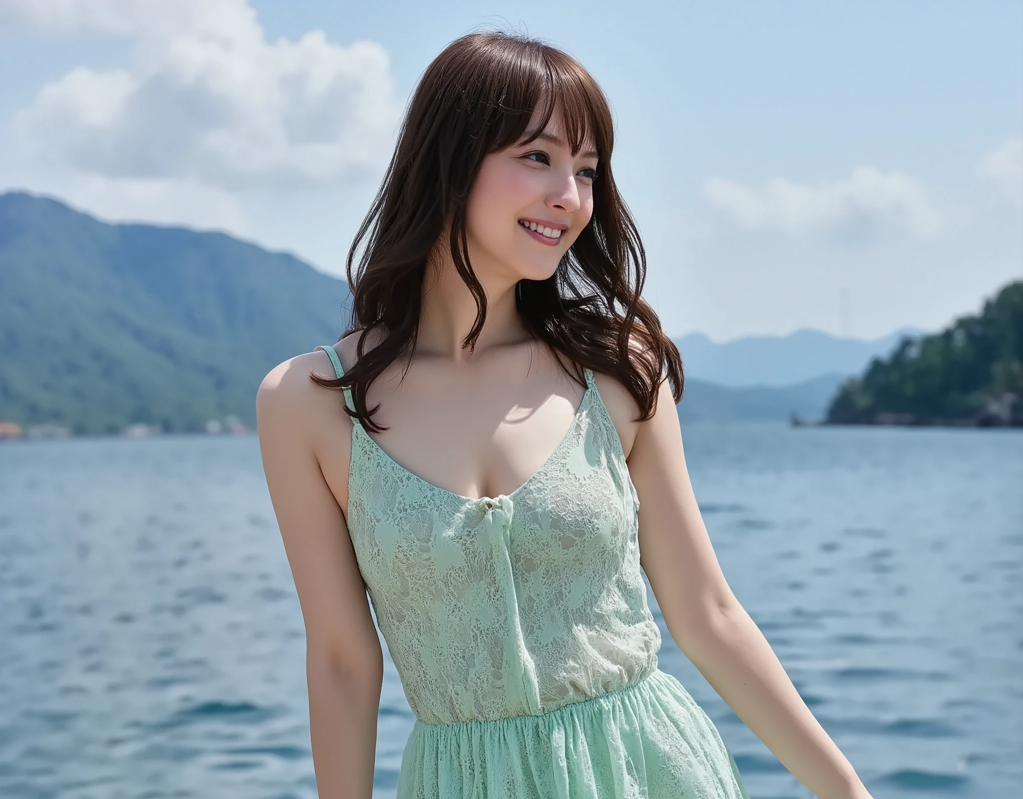 ((Best Quality, 8k, Masterpiece:1.3)), Focus:1.2, Perfect Body Beauty:1.4, Buttocks:1.2, ((Layered Haircut, Breasts:1.2)), (Wet Clothes:1.2) , (Rain, tropical seaside:1.3), Bandeau Dress: 1.1, Highly Detailed Face and Skin Texture, Fine Eyes, Double Eyelids, Whitened Skin, Long Hair, (smiling and dancing:1.3)