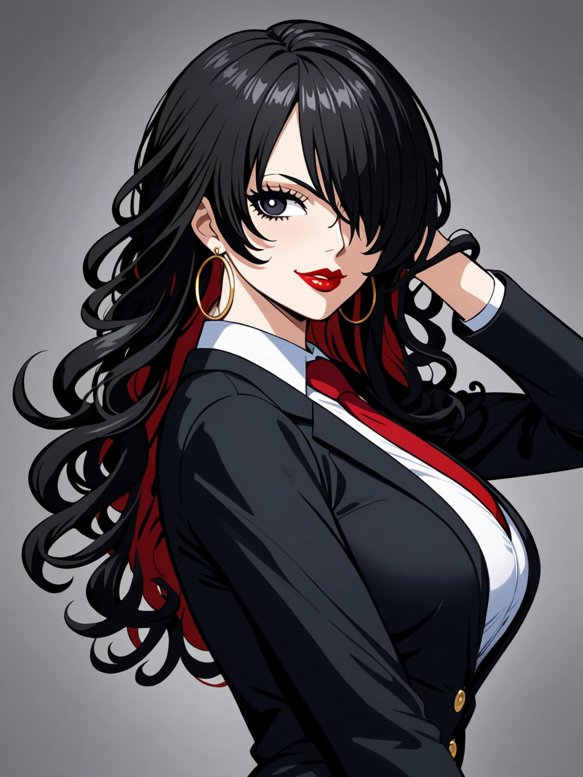 (character portrait), (((one piece))), business pants suit, (black office suits), red necktie, a beautiful woman, very tall woman with great style, female mafia-boss, perfect big breasts, perfect big breasts, plump ass, slender body, (((1girl))), (((solo))), long curly hair, black hair, black pupils, hair over one eye, perfect hands, perfect face, perfect eyes, perfect body, perfect legs, red lips, beautiful legs, (white plain background), hair over one eye, black hair, hoop earrings, ,suit, pants, necktie, onepiecestyle,black eyes, black hair, hoop earrings, smile