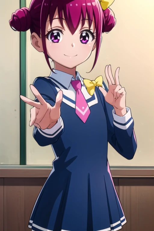 miyukihoshizora,  Hoshizora Miyuki,  short hair,  pink hair, bow, hair bow, ( pink eye:1.3), Hair Bun, double Hair Bun,  , yellow bow, smile,
break school uniform,  ties, pink  ties,  Izugaoka Junior High School Uniforms ,  Long Sleeve ,  skirt, blue  skirt,
break indoors,classroom,
break looking at viewer,  dynamic pose ,
break (masterpiece:1.2),  top quality,  high definition ,  Unity 8K Wallpaper , (Illustration:0.8), ( beautiful detailed eyes:1.6),  Highly Detailed Faces,  Full Photo,  Extremely Detailed CG , (perfect hand,  perfect anatomy),