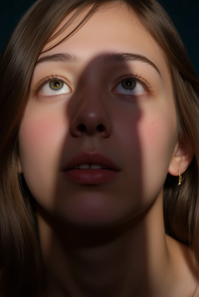 a beautiful girl, kneeling in front of the viewer, huge shadow of a penis over her face, she gazes up at the penis in awe, detailed facial features, photorealistic, dramatic lighting, high quality, 8k, hyper detailed, masterpiece.