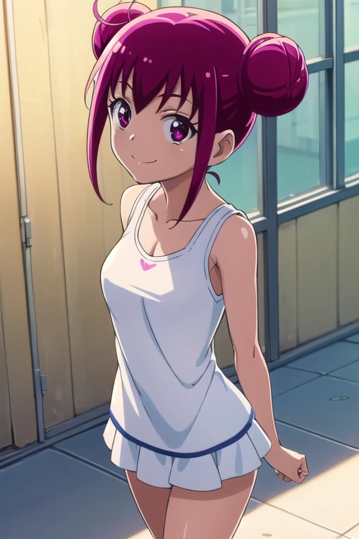  anime girl  with pink hair and purple eyes in white tanktop, ( anime girl ),  anime moe art style,  Anime Style , in  Anime Style , naughty  Anime Style , 2D  Anime Style , smile, smile face, cute  anime girl , clothing: white tank top, pretty  anime girl , Tank Top Underwear,  pink short hair ,  pink eyed girl,  double sided bun hair , yellow hair bow , Big Breasts, had Big Breasts,   navy blue miniskirt  , Alone,  anime girl , flat  Anime Style  shading, cute  Anime Style ,  Anime Style のアート, Produced with Anime Artist Studio ,  white tank top ,  navy blue miniskirt , an  anime girl ,  beautiful charming anime teen,  Casual atmosphere ,