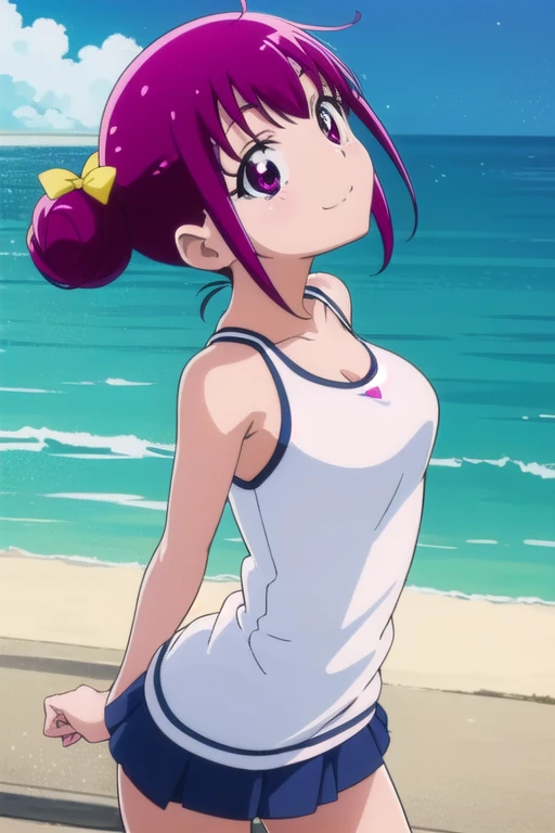  anime girl  with pink hair and purple eyes in white tanktop, ( anime girl ),  anime moe art style,  Anime Style , in  Anime Style , naughty  Anime Style , 2D  Anime Style , smile, smile face, cute  anime girl , clothing: white tank top, pretty  anime girl , Tank Top Underwear,  pink short hair ,  pink eyed girl,  double sided bun hair , yellow hair bow , Big Breasts, had Big Breasts,   navy blue miniskirt  , Alone,  anime girl , flat  Anime Style  shading, cute  Anime Style ,  Anime Style のアート, Produced with Anime Artist Studio ,  white tank top ,  navy blue miniskirt , an  anime girl ,  beautiful charming anime teen,  Casual atmosphere ,