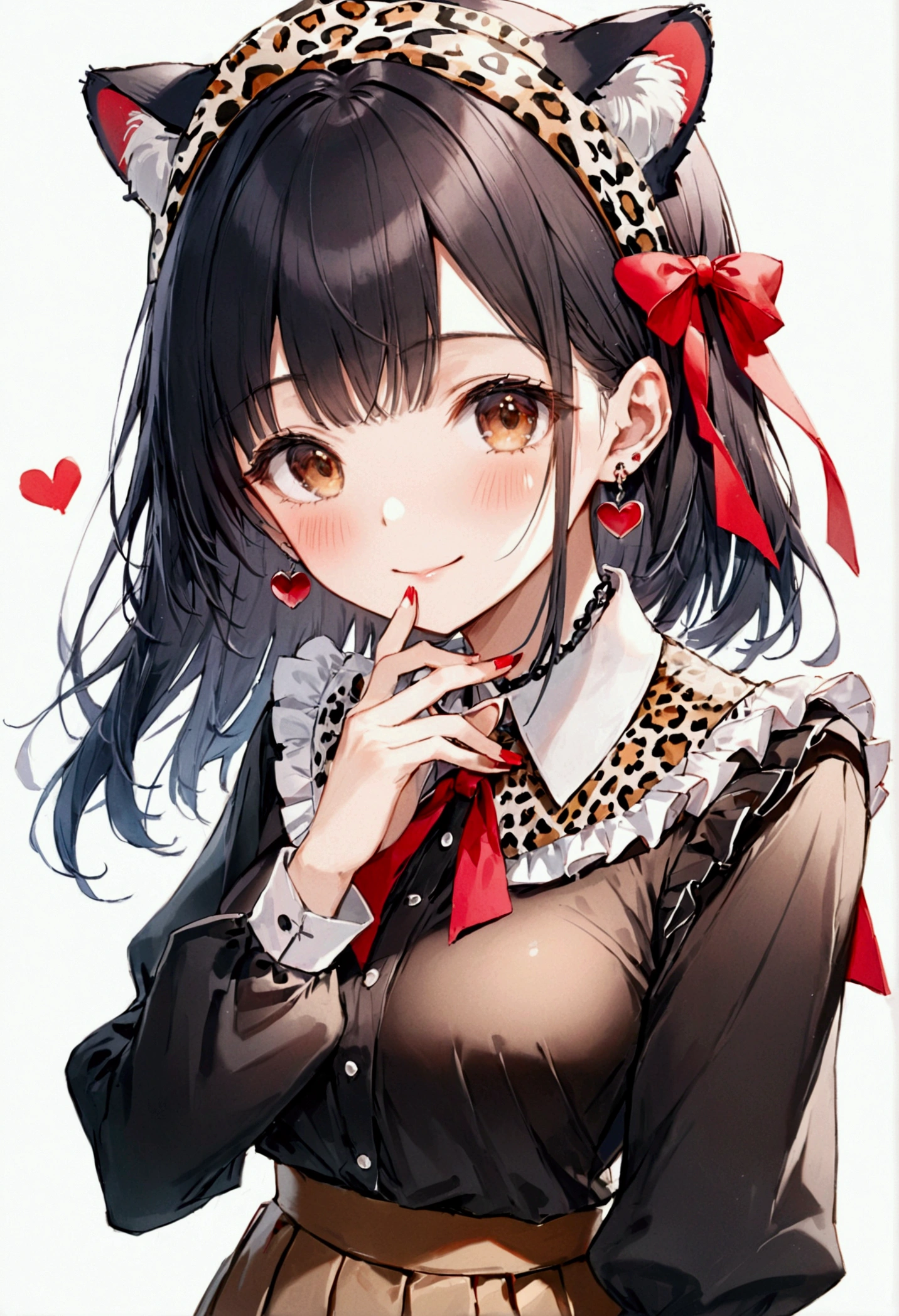 Makoto Fuyuko, 1 girl, alone, black hair, have, jewelry, long hair, looking at the audience, Bangs, earrings, skirt, White background, Smile, shirt, simple background, Heart earrings, long sleeves, Heart, black headdress, black shirt, frilled collar, breast, brown eyes, collar, blunt Bangs, Upper body, Berets, medium breast, brown skirt, decorate, nail polish, ribbon, red nails, Keep your mouth shut, animal print, blush, Ruffled sleeves, leopard print, neck ribbon, Put your hands together