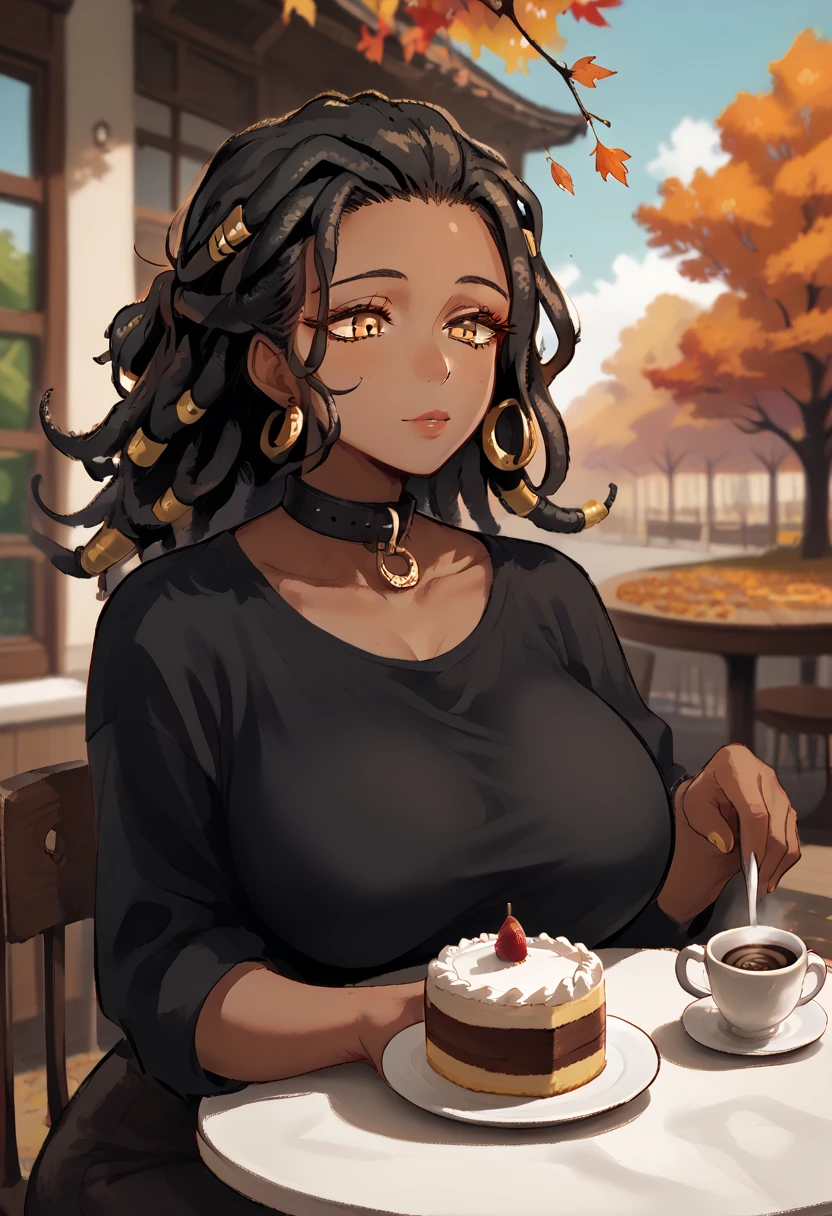 score_9, score_8_up, score_7_up, source_anime, 1woman, mature, human female, human, detailed face, jawline, collar, lustful eyes, smooth skin, dark skin, black skin, beautiful eyes, yellow eyes, black hair, huge breasts, dreads, dreadlocks hair, sitting behind table, cup of coffee, piece of cake, café, detailed background, autumn, falling leaves outside, soft light,