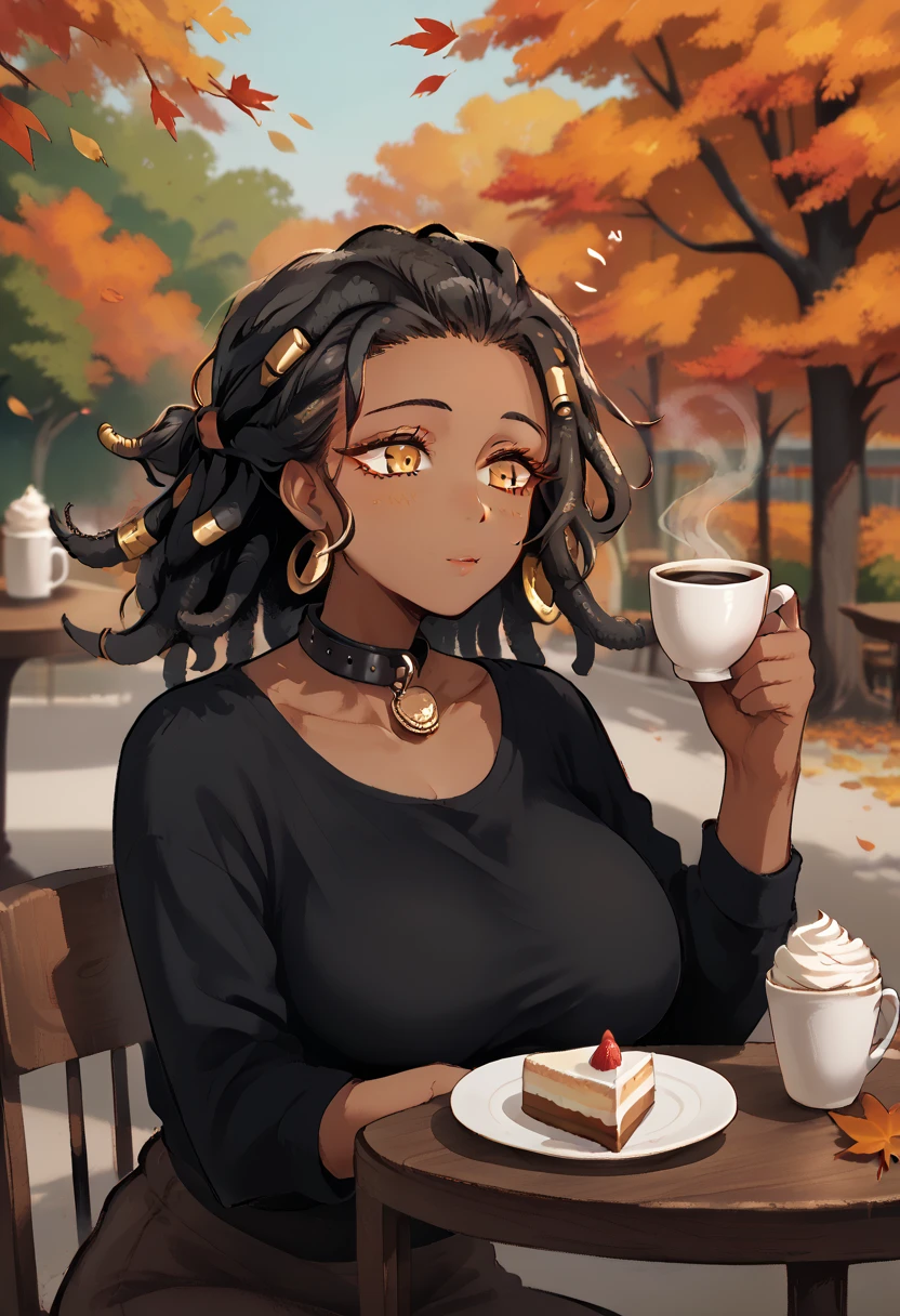 score_9, score_8_up, score_7_up, source_anime, 1woman, mature, human female, human, detailed face, jawline, collar, lustful eyes, smooth skin, dark skin, black skin, beautiful eyes, yellow eyes, black hair, huge breasts, dreads, dreadlocks hair, sitting behind table, cup of coffee, piece of cake, café, detailed background, autumn, falling leaves outside, soft light,